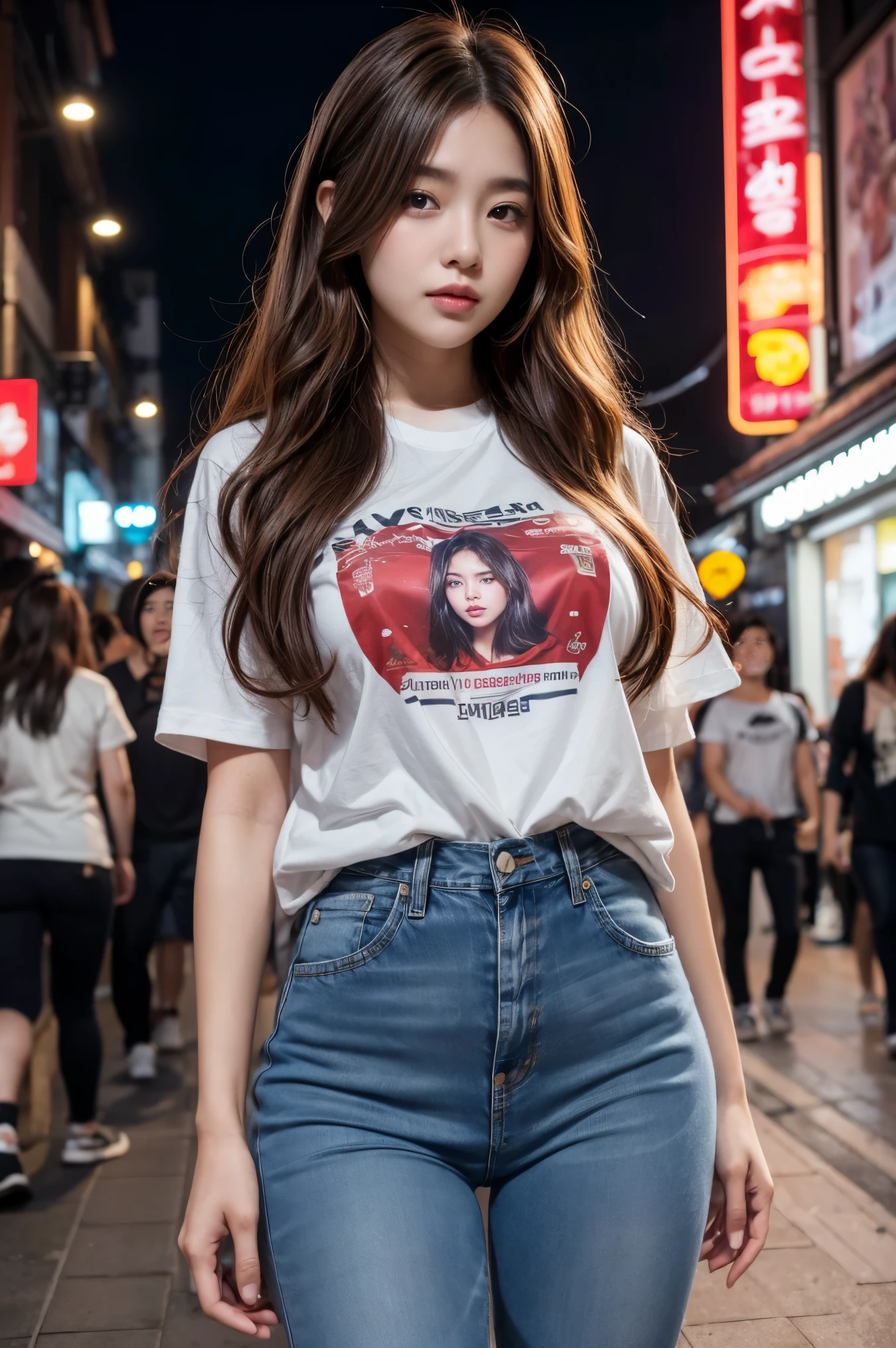 best quality,8k, Detailed facial depictions, Detailed eye description, Brown hair(long wavyhair),beautiful korean girl, 21 years old, slim body, huge breast , tshirt and short jean , walking around in the middle of the city with lots of people in Itaewon, Korea , long exposure