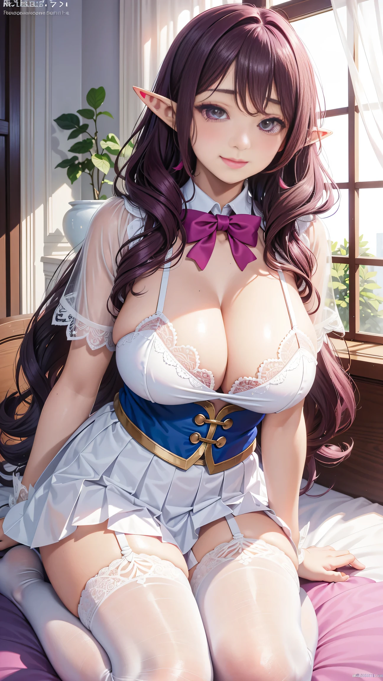 big breasts ((1 beautiful elf)) ((fuchsia wavy hair)) Chest shot, extremely sexy body, beautiful school uniform, Incredibly beautiful, white colors, wear white beautiful lace stockings, fantasy elements, magic school, art delicate line, shy smile, sexy, nsfw