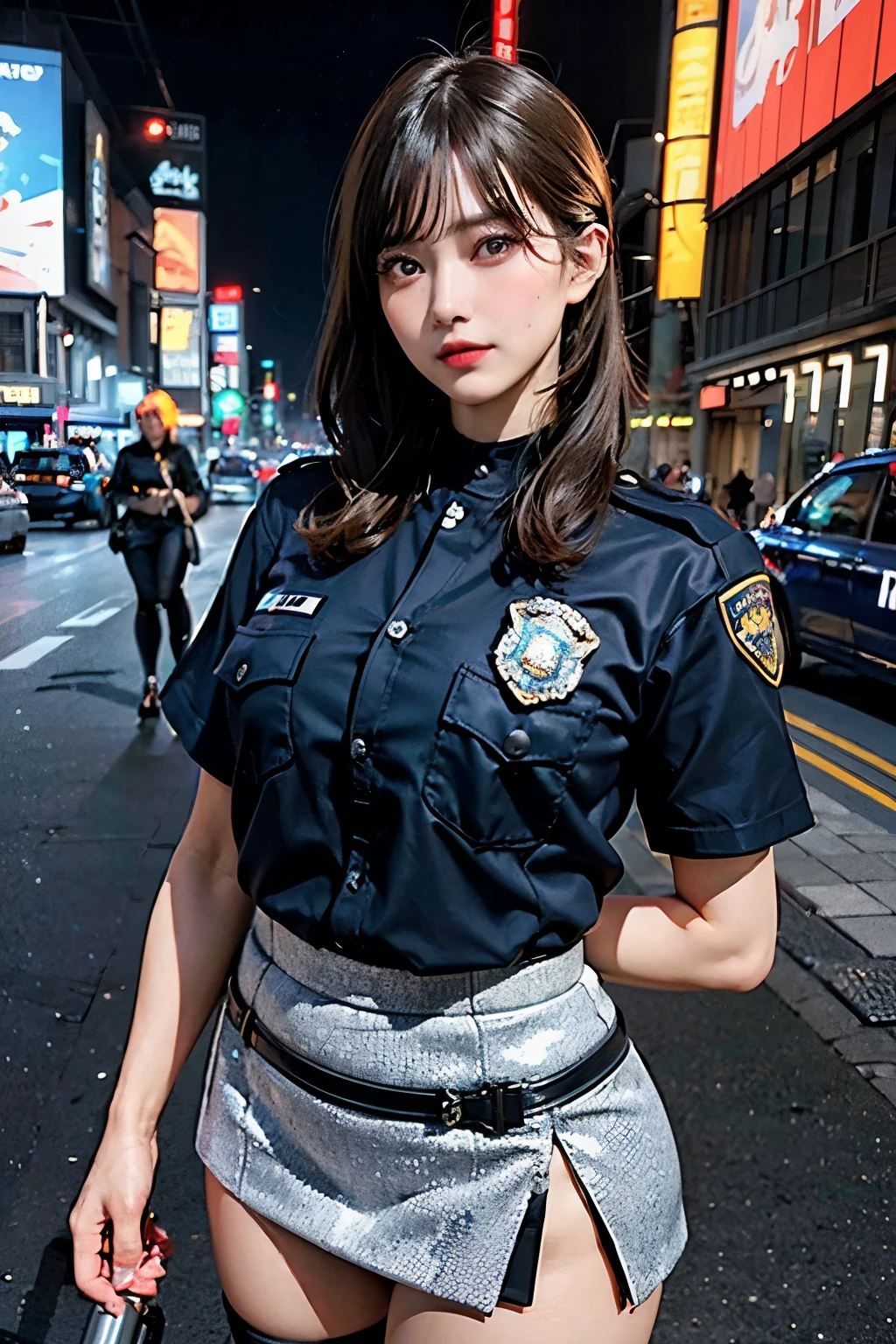 best quality, highres, textured skin, 8k, Anatomically correct, masterpiece:1.2, photo-realistic:1.2, super realistic details, Realistic proportions, extremely detailed face, solid circle eyes, chubby girl, curvy:1.2, looking at viewer, (((Just two female police officers, Each with a different face,They have the latest weapons:1.4, modern equipment, Police Uniforms:1.4, police badge:1.5, short skirt))), provocative sensual poses, confident expression, Various stylish hairstyles, huge breasts, button gap:1.4, pantyhose, suntanned body, cyberpunk city, City of the Future, 2080s, night scene, Beautiful Neon Lights, No people in the background, A scene from a movie, cinematic lighting, cinematic shadows, vibrant colors, feminine yet authoritative, attention to facial features and makeup, depth of field, Futurism,