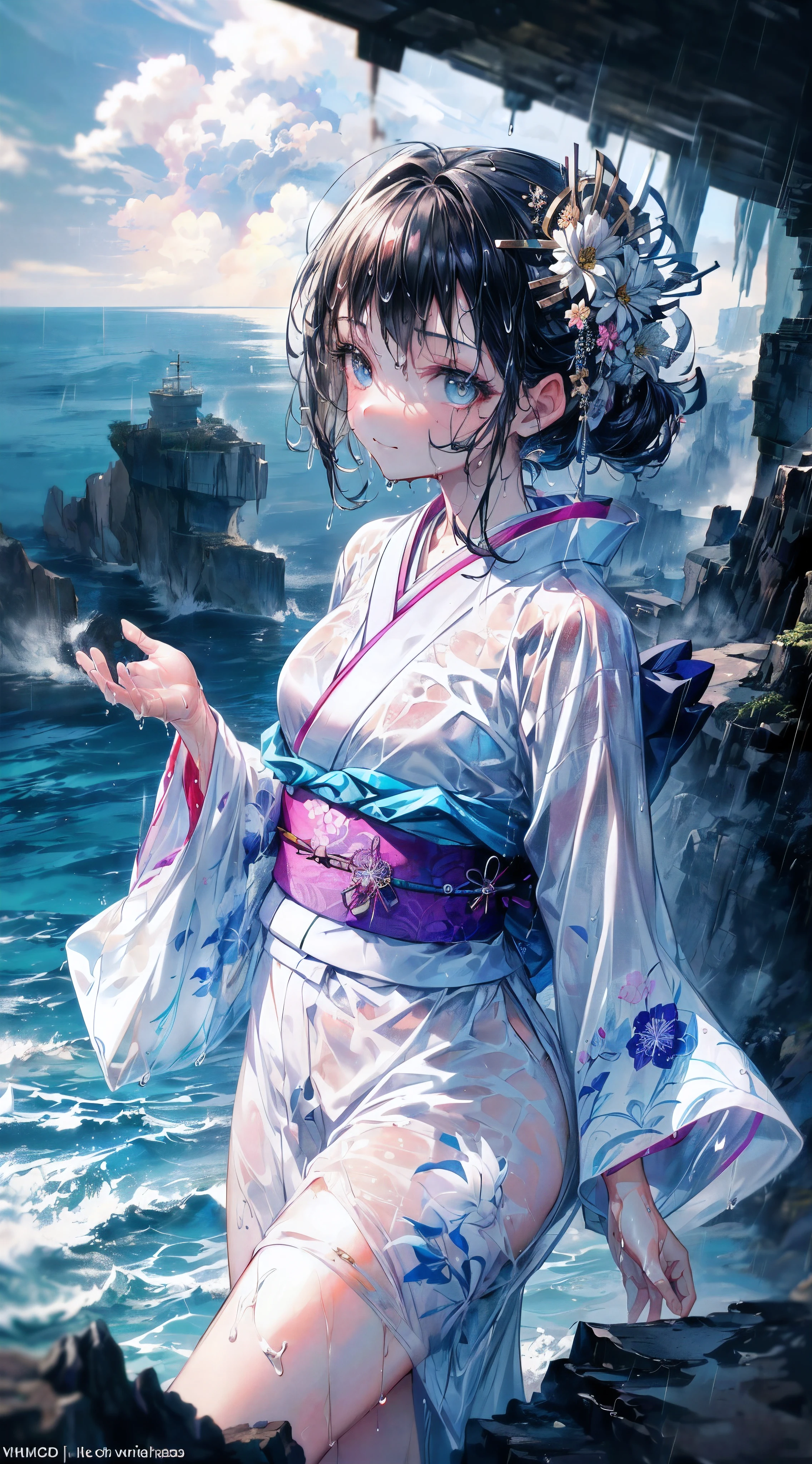 (A 7  girl:1.2), (Very youe), (small breasts:1.1), (wide angle), bitter smile, original photo, Atmospheric distance perception, aesthetic, complex, won, chiaroscuro, best quality, Detailed background, shining, (hazy atmosphere:1.2), (cloudy day),((Girl in white 棉质kimono:1.2)), 棉质kimono, 棉质kimono, best wrinkles, real wrinkles, best shade, strong wind, (walk through (薄雾黑暗岩石cliff)), ((rainy, downpour, raindrop)), (real location), Exquisite and beautiful eyes, casual gesture, Detailed texture, pose, (anatomically correct body, Detailed face, (非常Detailed texturekimono与花卉图案), (wet, wet face, slime wrap, ((very wet) 纹理kimono), (wet hair), (black hair), thick hair, hair accessories, kimono, Heart, outdoor, 色彩缤纷的kimono, sash, ((cliff), the sea below cliff, (rough sea, spray), Beautiful and detailed sea water)，Sky, wide sleeves, yukata, ((cloudy, rainstorm))