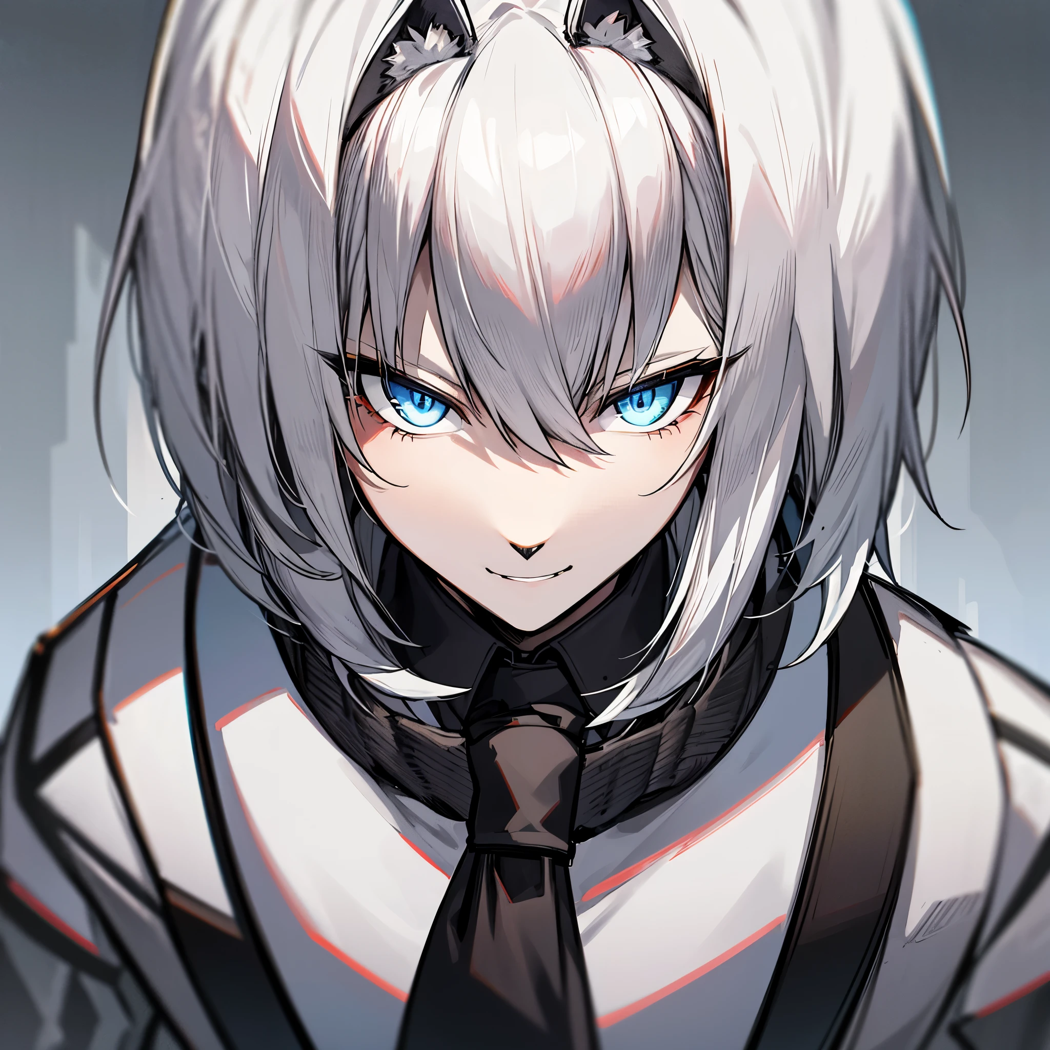 Fury Wolf,Gray fur,white hair,Eye,black suit,blue tie,looking at you,simple background