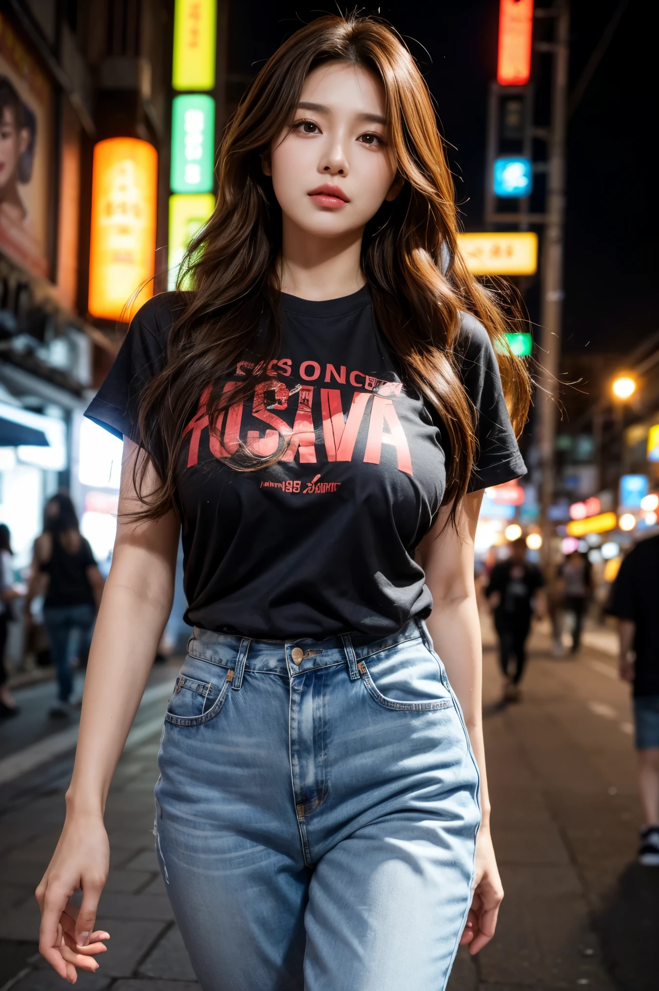 best quality,8k, Detailed facial depictions, Detailed eye description, Brown hair(long wavyhair),beautiful korean girl, 40 years old, slim body, huge breast , tshirt and short jean , walking around in the middle of the city with lots of people in Itaewon, Korea , long exposure