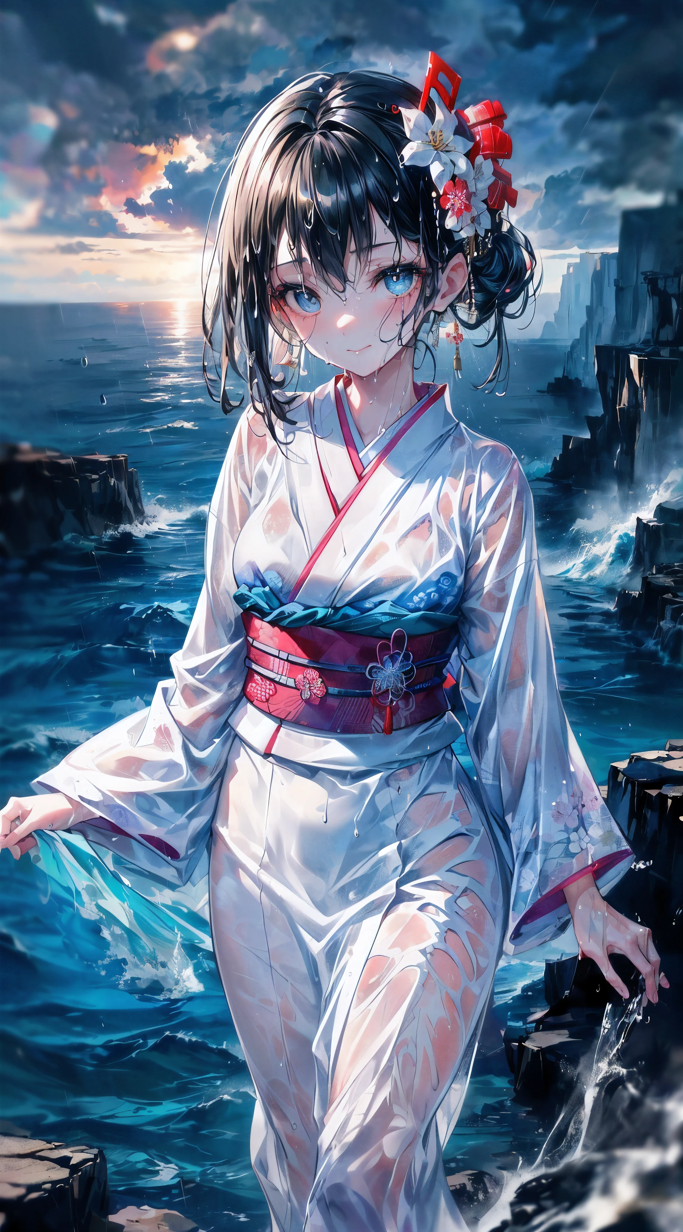 (A 7 year old girl:1.2), (Very young little girl), (alone), (small breasts:1.1), (wide angle), bitter smile, original photo, Atmospheric distance perception, aesthetic, complex, won, chiaroscuro, best quality, Detailed background, shining, (hazy atmosphere:1.2), (cloudy day),((Girl in white 棉质kimono:1.2)), 棉质kimono, 棉质kimono, best wrinkles, real wrinkles, best shade, strong wind, (walk through (薄雾黑暗岩石cliff)), ((rainy, downpour, raindrop)), (real location), Exquisite and beautiful eyes, casual gesture, Detailed texture, pose, (anatomically correct body, Detailed face, (非常Detailed texturekimono与花卉图案), (wet, wet face, slime wrap, ((very wet) 纹理kimono), (wet hair), (black hair), thick hair, hair accessories, kimono, Heart, outdoor, 色彩缤纷的kimono, sash, ((cliff), the sea below cliff, (rough sea, spray), Beautiful and detailed sea water)，Sky, wide sleeves, yukata, ((cloudy, rainstorm))