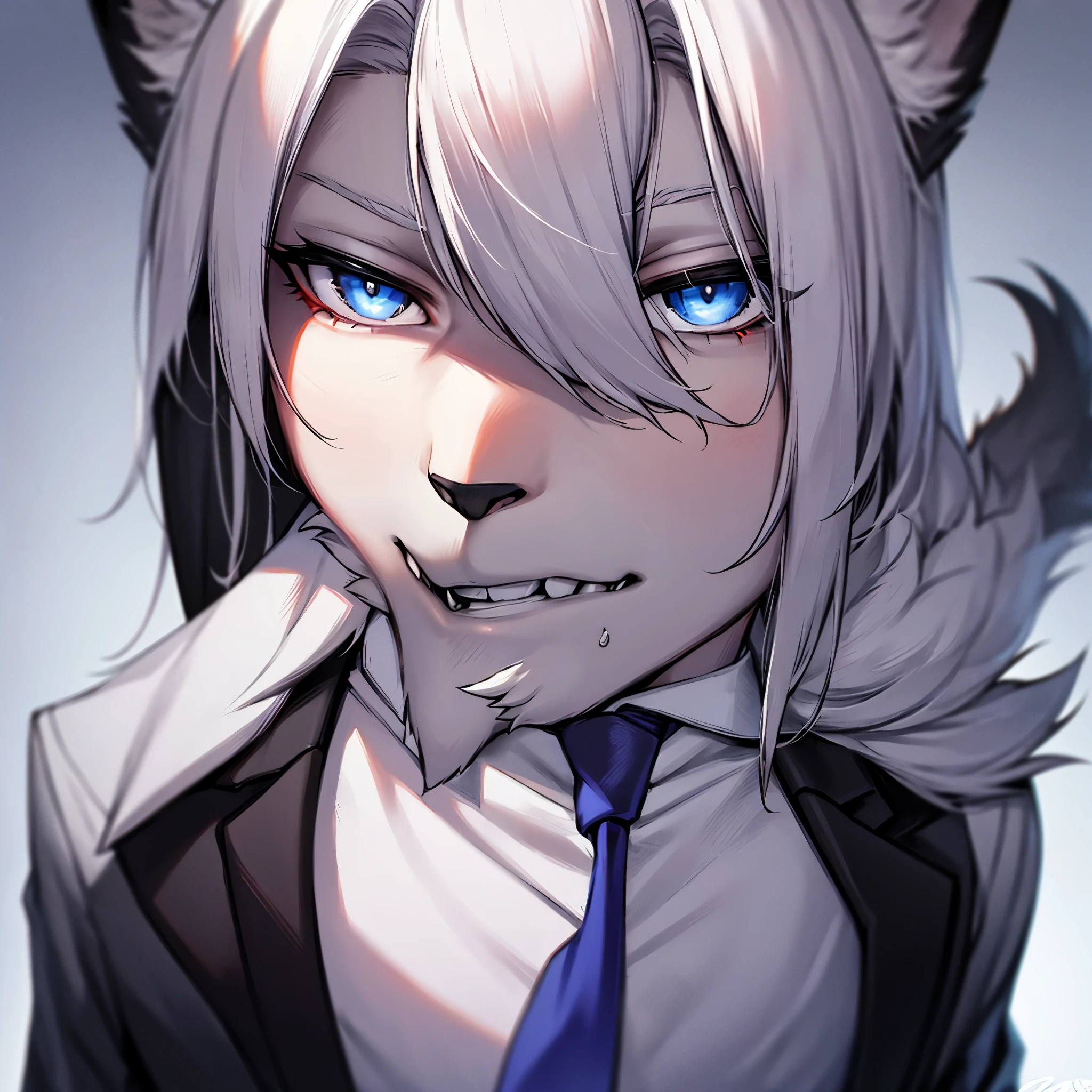 Fury Wolf,Gray fur,white hair,Eye,black suit,blue tie,looking at you,simple background