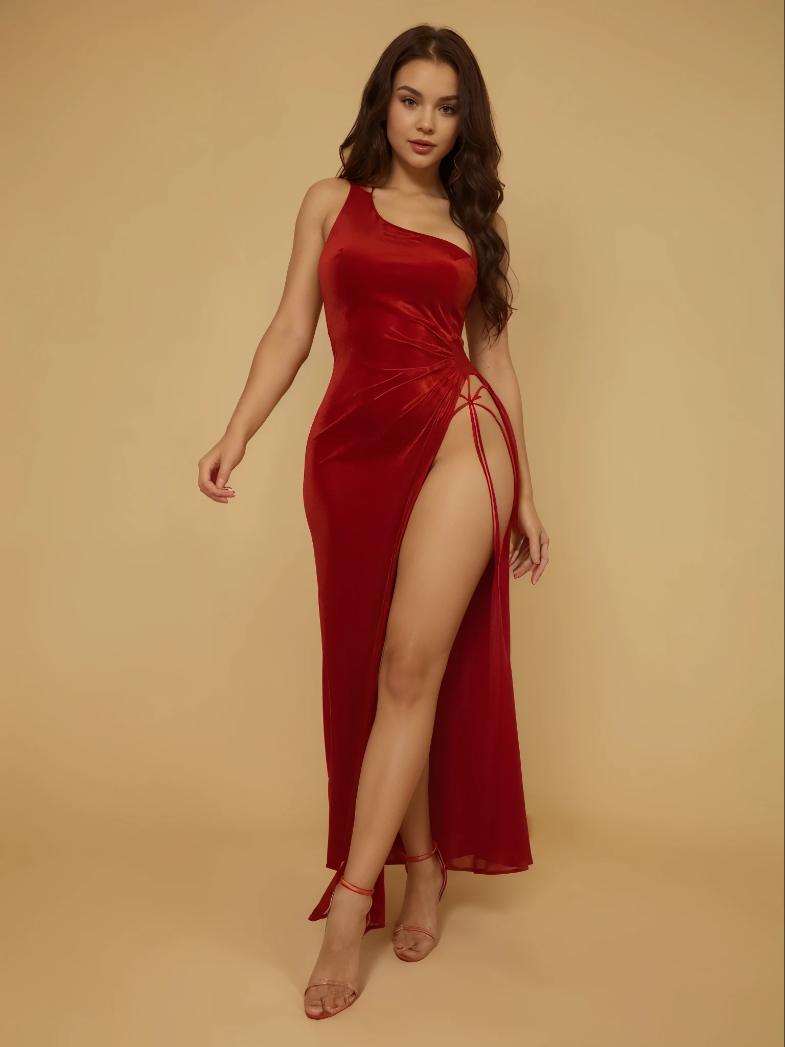 a woman in a red dress posing for a picture, sexy red dress, sexy gown, sexy dress, revealing stylish dress, dressed in red velvet, red dress, in a red dress, elegant red dress, wearing a red dress, wearing red dress, red hot, opened dress, girl wears a red dress, sleeveless red dress, long dress female, sexy style