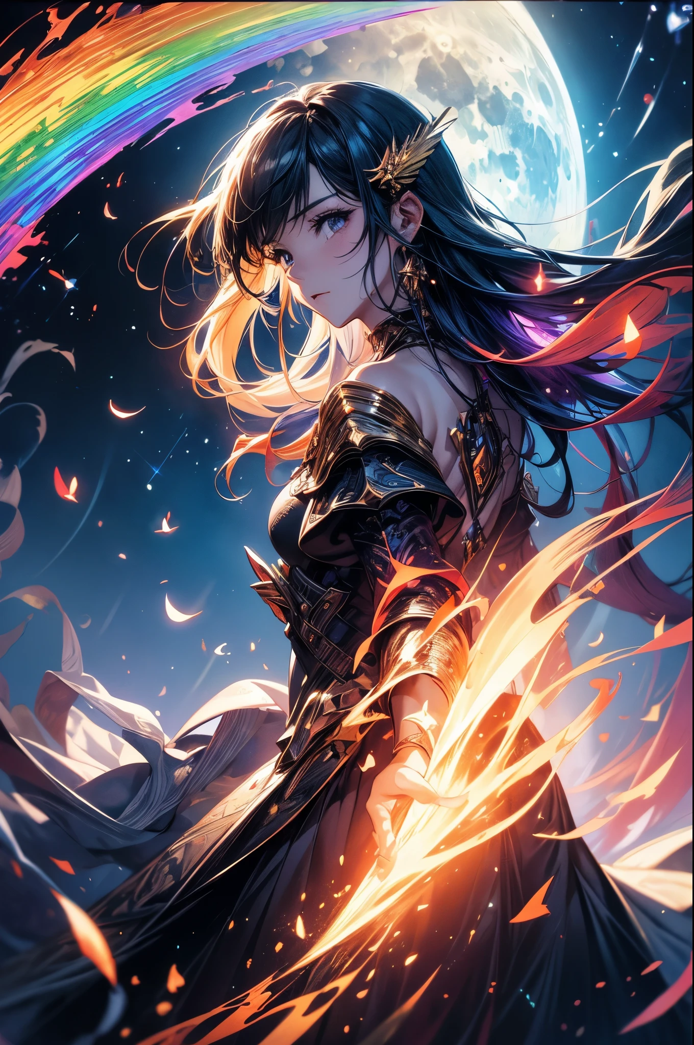 vast landscape photography , (View from below showing the sky above and open fields below), A girl standing in a flower field and looking up, (full moon:1.2), ( shooting star:0.9), (nebula:1.3), distant mountain, Tree BREAK production art, (warm light source:1.2), (fire Fly:1.2), lamp, lots of purple and orange, intricate details, Volume lighting BREAK (masterpiece:1.2), (highest quality), 4K, super detailed, (dynamic composition:1.4), very detailed, colorful details,( rainbow colors:1.2), (shining lighting, atmosphere lighting), dream-like, Magic, (alone:1.2),watercolor