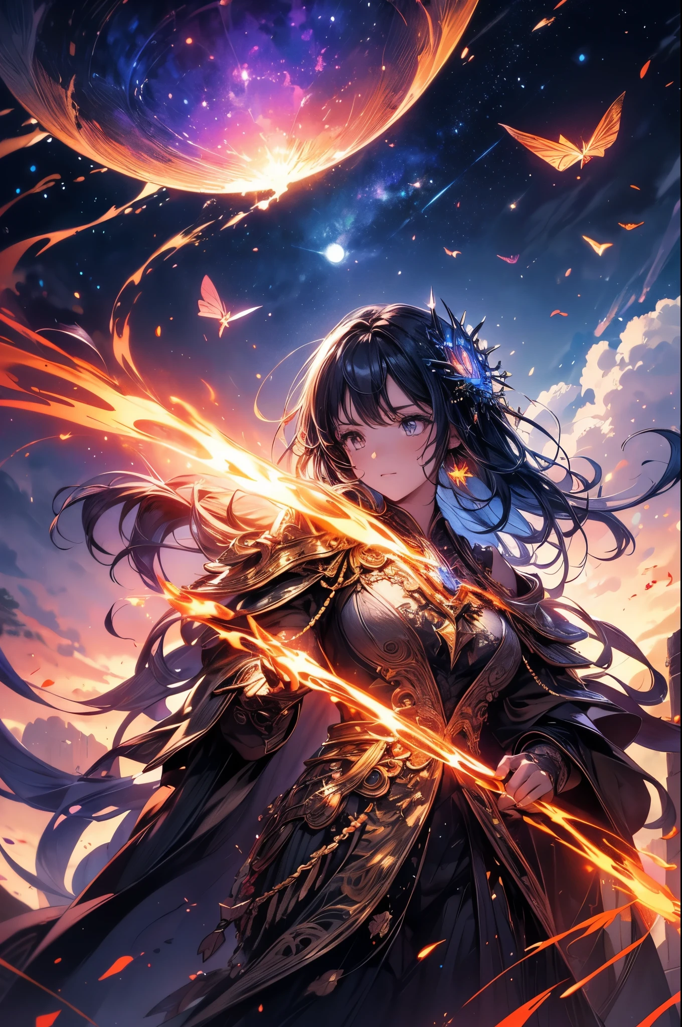 vast landscape photography , (View from below showing the sky above and open fields below), A girl standing in a flower field and looking up, (full moon:1.2), ( shooting star:0.9), (nebula:1.3), distant mountain, Tree BREAK production art, (warm light source:1.2), (fire Fly:1.2), lamp, lots of purple and orange, intricate details, Volume lighting BREAK (masterpiece:1.2), (highest quality), 4K, super detailed, (dynamic composition:1.4), very detailed, colorful details,( rainbow colors:1.2), (shining lighting, atmosphere lighting), dream-like, Magic, (alone:1.2),watercolor