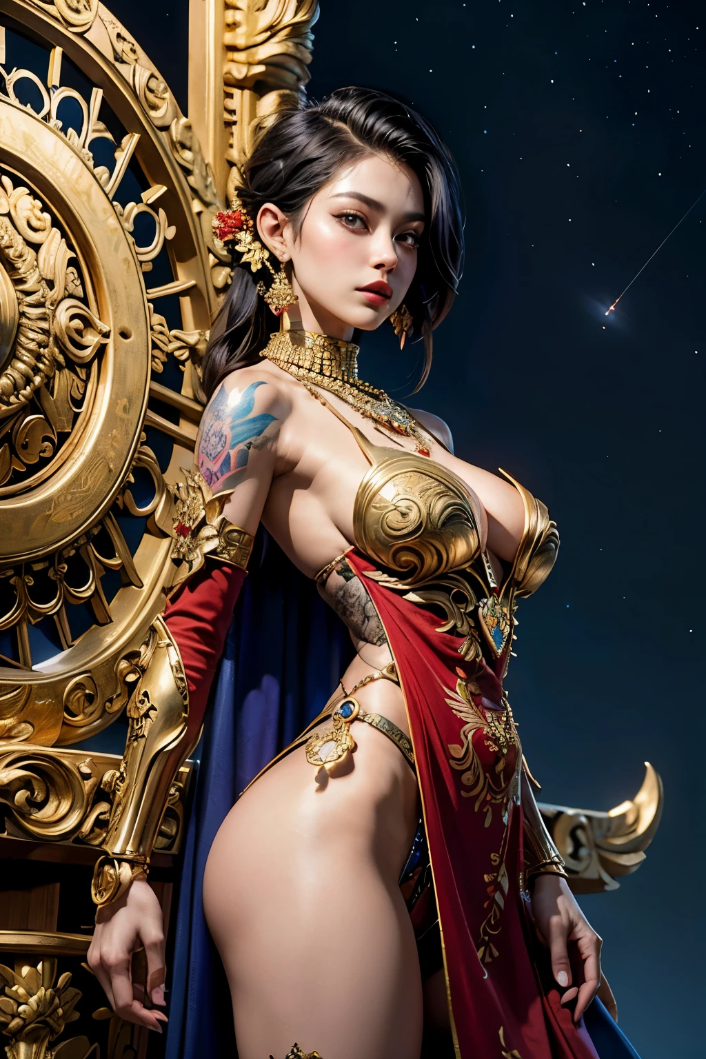(Masterpiece, Best Quality, Long-Angle Shot), Beautiful Female Robot with Tattoos on her Face and Muscles, Holding a Sword, Luxurious Colorful Javanese Traditional Clothes with Intricate and Beautiful Gold Embroidery Details, Necklace Jewelry, Red Pendant in the Middle, Combination of Blue, Red, Gold and Purple Colors, Intricate Gold Embroidery Decorates the Outside of the Robe, Elegant and Majestic, Garuda Wings on the Sleeves, Face Facing the Camera, Jakarta City Background --
In this masterpiece, a long-angle shot captures the beauty of