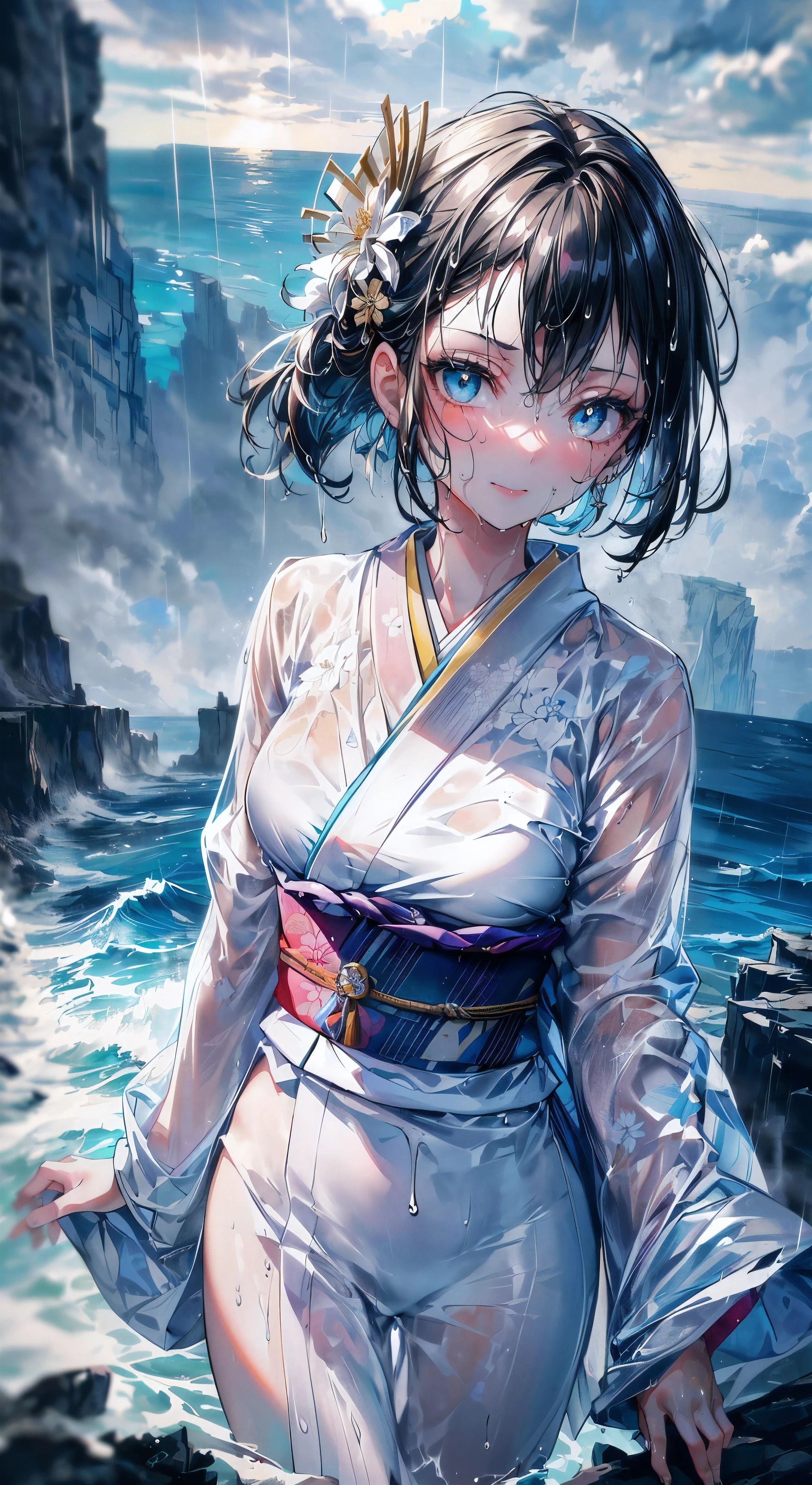 (A 7 year old girl:1.2), (Very young ), (alone), (small breasts:1.1), (wide angle), bitter smile, original photo, Atmospheric distance perception, aesthetic, complex, won, chiaroscuro, best quality, Detailed background, shining, (hazy atmosphere:1.2), (cloudy day),((Girl in white 棉质kimono:1.2)), 棉质kimono, 棉质kimono, best wrinkles, real wrinkles, best shade, strong wind, (walk through (薄雾黑暗岩石cliff)), ((rainy, downpour, raindrop)), (real location), Exquisite and beautiful eyes, casual gesture, Detailed texture, pose, (anatomically correct body, Detailed face, (非常Detailed texturekimono与花卉图案), (wet, wet face, slime wrap, ((very wet) 纹理kimono), (wet hair), (black hair), thick hair, hair accessories, kimono, Heart, outdoor, 色彩缤纷的kimono, sash, ((cliff), the sea below cliff, (rough sea, spray), Beautiful and detailed sea water),Sky, wide sleeves, yukata, ((cloudy, rainstorm))
