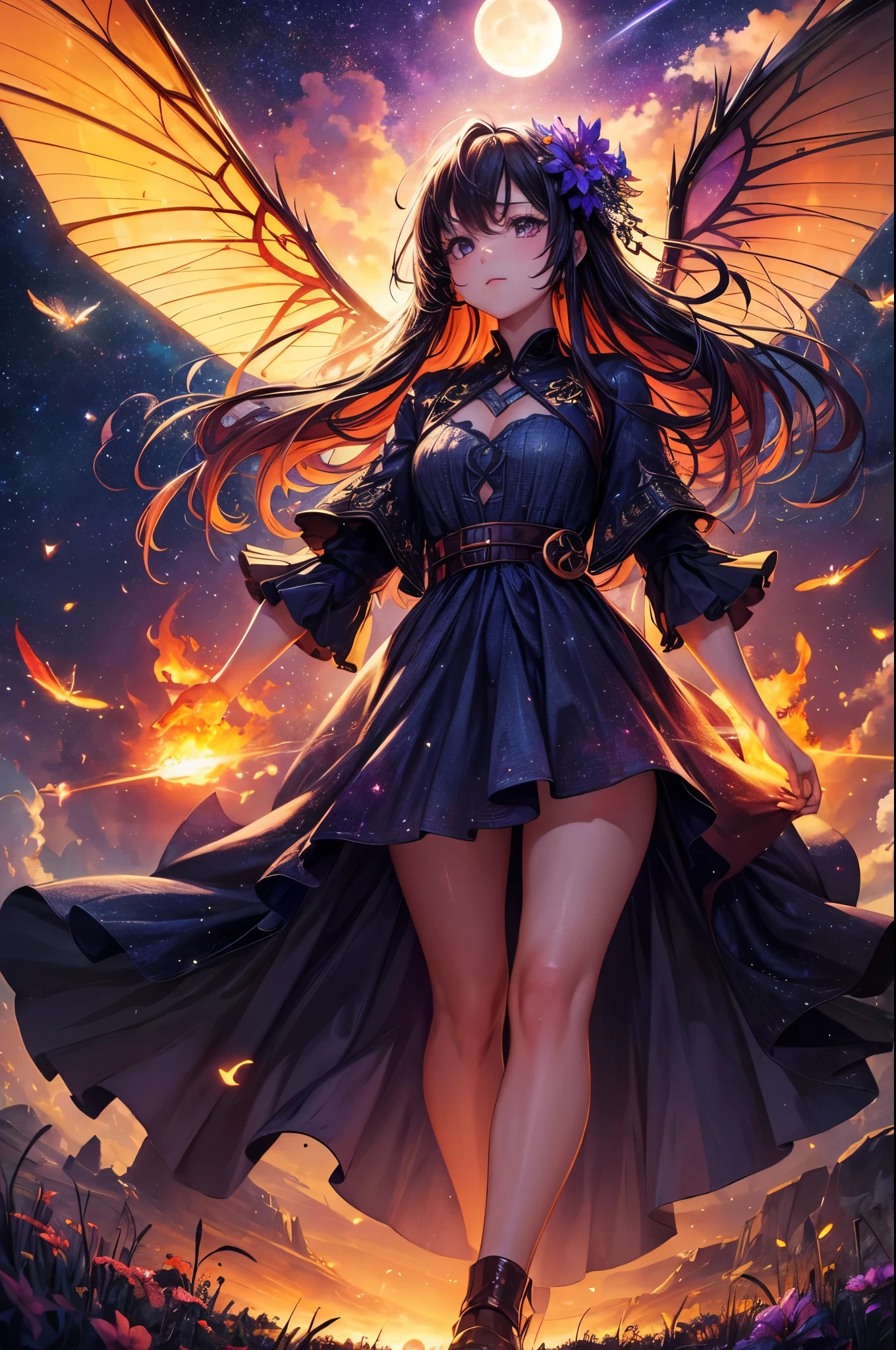vast landscape photography , (View from below showing the sky above and open fields below), A girl standing in a flower field and looking up, (full moon:1.2), ( shooting star:0.9), (nebula:1.3), distant mountain, Tree BREAK production art, (warm light source:1.2), (fire Fly:1.2), lamp, lots of purple and orange, intricate details, Volume lighting BREAK (masterpiece:1.2), (highest quality), 4K, super detailed, (dynamic composition:1.4), very detailed, colorful details,( rainbow colors:1.2), (shining lighting, atmosphere lighting), dream-like, Magic, (alone:1.2),watercolor