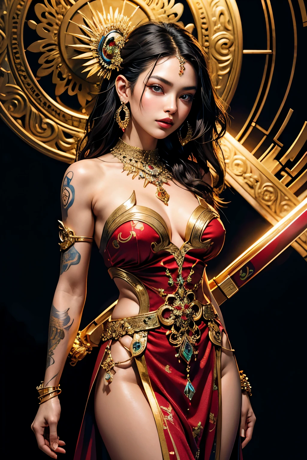 (Ultra High Definition, 16k), Long-angle shot, Stunningly beautiful female robot with distinctive tattoos adorning her face and chiseled muscles, Radiating confidence as she grips a gleaming sword, dons luxurious, vibrant Javanese traditional clothes, Intricately woven with gold embroidery that shimmers and gleams, Exquisite necklace adorned with precious gems, Epicenter of attention is the bold, red pendant dangling in the middle, Brimming with a combination of breathtaking blue, fiery red, majestic gold, and exotic purple hues, Gold embroidery intricately emb