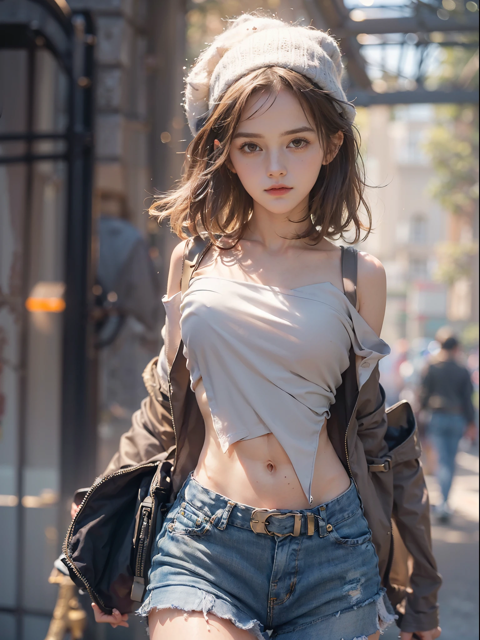 ((Small underhoulder length straight short hair: 1.2), （Extremely meticulous CG 8k wallpaper），（Extremely refined and beautiful），（Masterpiece）,((sharp_focus)),（best qualtiy：1.0），（Ultra High Resolution：1.0），beautiful light up，Perfect lightning，realistic shaded，[A high resolution]，Smooth and flawless fair skin，Extremely exquisite facial details，（perfect body：1.1），ultra - detailed，A beautiful girl，small head，(Small breasts:1.1)，Flat chests，slim，thin，Bandeau，（Light blue denim short skirt:1.1）,camel toe,(Black military boots:1.1)，early autumn，Dusk, sunset light，Standing at the school gate，Close Shot，Surrounded by a crowded crowd, (Emma_watson), full_body, 19 years old, tall, (smooth_abs:1.55), pretty, (long_skinny_legs), (skinny_waist), (((fair skin))), white skin, yellow/pink shorts, chestnut brown hair, looking at viewer, glasses, white knit hat, (sharp_focus:1.5)((Small underhoulder length straight short hair: 1.2), （Extremely meticulous CG 8k wallpaper），（Extremely refined and beautiful），（Masterpiece）,((sharp_focus)),（best qualtiy：1.0），（Ultra High Resolution：1.0），beautiful light up，Perfect lightning，realistic shaded，[A high resolution]，Smooth and flawless fair skin，Extremely exquisite facial details，（perfect body：1.1），ultra - detailed，A beautiful girl，small head，(Small breasts:1.1)，Flat chests，slim，thin，Bandeau，（Light blue denim short skirt:1.1）,camel toe,(Black military boots:1.1)，early autumn，Dusk, sunset light，Standing at the school gate，Close Shot，Surrounded by a crowded crowd, (Emma_watson), full_body, 19 years old, tall, (smooth_abs:1.55), pretty, (long_skinny_legs), (skinny_waist), (((fair skin))), white skin, yellow/pink shorts, chestnut brown hair, looking at viewer, glasses, white knit hat, (sharp_focus:1.5)