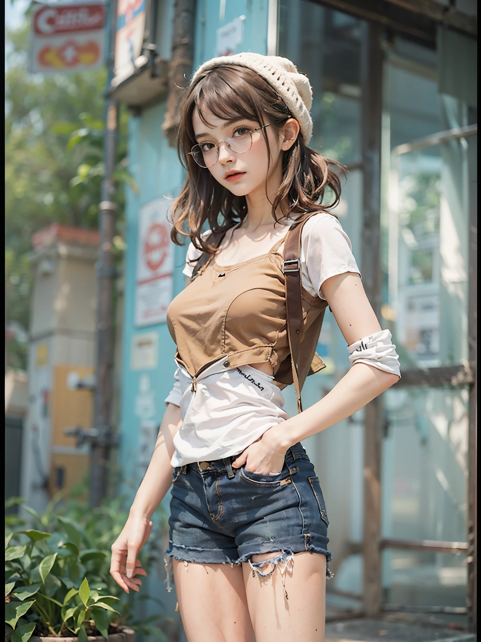 ((Small underhoulder length straight short hair: 1.2), （Extremely meticulous CG 8k wallpaper），（Extremely refined and beautiful），（Masterpiece）,((sharp_focus)),（best qualtiy：1.0），（Ultra High Resolution：1.0），beautiful light up，Perfect lightning，realistic shaded，[A high resolution]，Smooth and flawless fair skin，Extremely exquisite facial details，（perfect body：1.1），ultra - detailed，A beautiful girl，small head，(Small breasts:1.1)，Flat chests，slim，thin，Bandeau，（Light blue denim short skirt:1.1）,camel toe,(Black military boots:1.1)，early autumn，Dusk, sunset light，Standing at the school gate，Close Shot，Surrounded by a crowded crowd, (Emma_watson), full_body, 19 years old, tall, (smooth_abs:1.55), pretty, (long_skinny_legs), (skinny_waist), (((fair skin))), white skin, yellow/pink shorts, chestnut brown hair, looking at viewer, glasses, white knit hat, (sharp_focus:1.5)