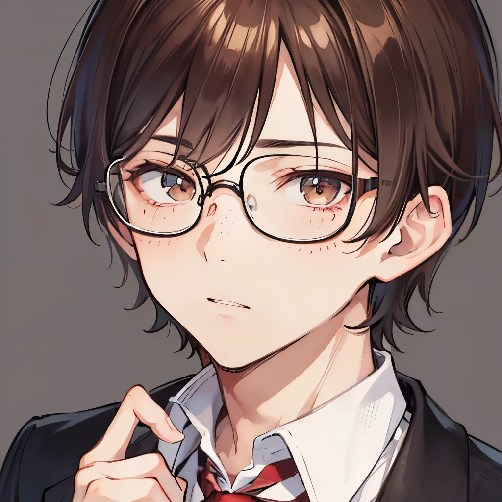 A nerdy male, brown hair, hazel eyes, face close up, face picture, glasses, nerd boy, freckles