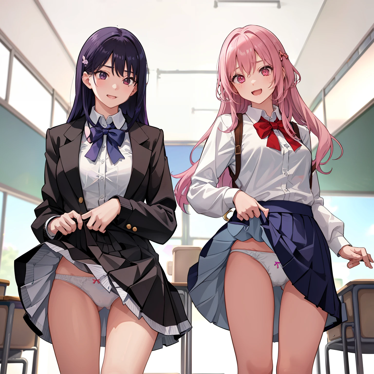 ((2 girls))、laughter、shirt、のskirt、、((fun！))（small breasts）、chiralism、hair、()、(黒いskirt:1.3)、bow, button, 襟の付いたshirt, long sleeve, マイクロskirt, プリーツskirt、(Jacket)、 skirt, socks, thighs, 白い shirt, ((classroom:1.5))，(skirtを掴む:1.5)、 (perfect hands, perfect anatomy),cowboy shot、(skirt lift:1.3),(highly detailed white panties:1.3)、(Very detailed panties:1.3)、、(skirt that rolls up:1.3)、(fully exposed panties:1.5)、