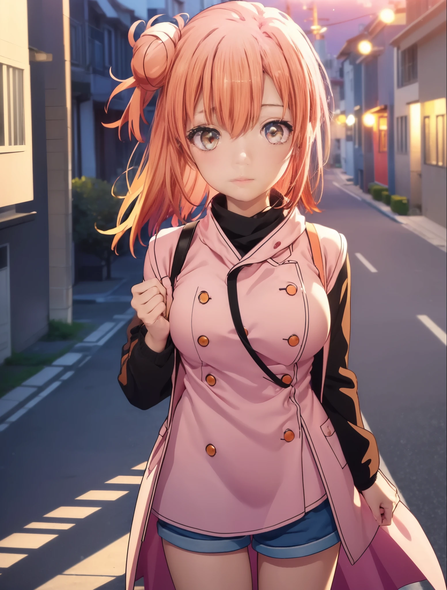 yuiyuigahama, yui yuigahama, long hair, (pink eyes:1.5), (orange hair:1.2), bun hair, single bun hair,blush, smile, (big breasts:1.2),red muffler,Pink long coat　Open the button,white sweater,shorts,black knee high socks,short boots,evening,sunset,
break outdoors,city,building street,
break looking at viewer,whole body,peek from above, (cowboy shot:1.5),
break (masterpiece:1.2), highest quality, High resolution, unity 8k wallpaper, (shape:0.8), (beautiful and detailed eyes:1.6), highly detailed face, perfect lighting, Very detailed CG, (perfect hands, perfect anatomy),