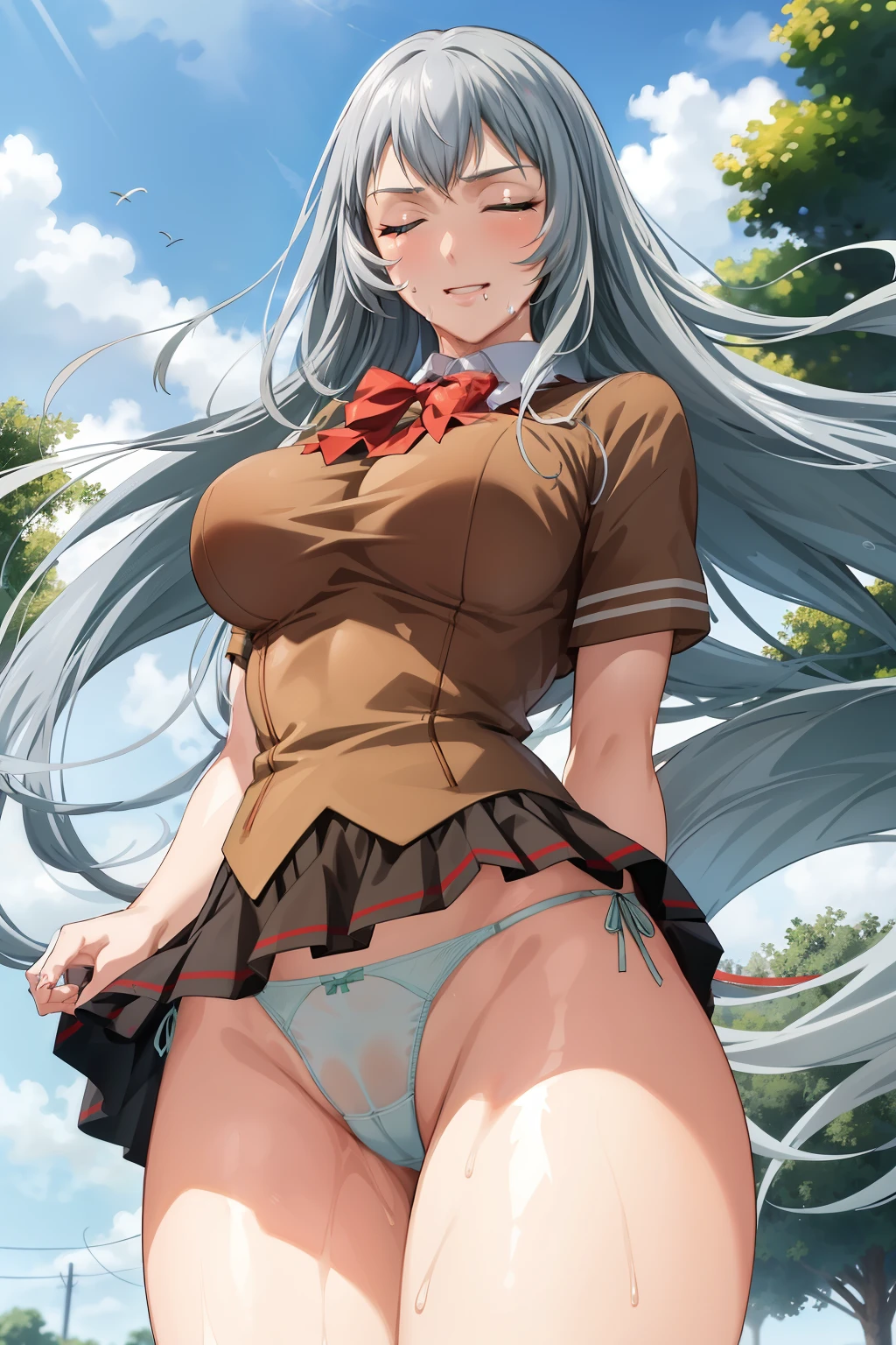 1girl, good anatomy, masterpiece, best quality,realistic, hyperrealistic, 16k hdr,shiryuuwz,school uniform, pleated skirt, ultra miniskirt,fingerless gloves, short sleeves, bowtie, shirt, black socks, shoes, loafers,perfect face, nice eyes and face, textured skin, absurdres, grey hair, green eyes, shiny hair, long hair, very long hair, shiny, shiny skin, large breasts,(closed eyes:1.4), standing, outdoors, (strong wind:1.2), levitation hair, natural light,from below,(see through panties:1.3),spread legs,cameltoe,(sweat:1.2),(sexy pose:1.3),(holding sword:1.1),school background,smile