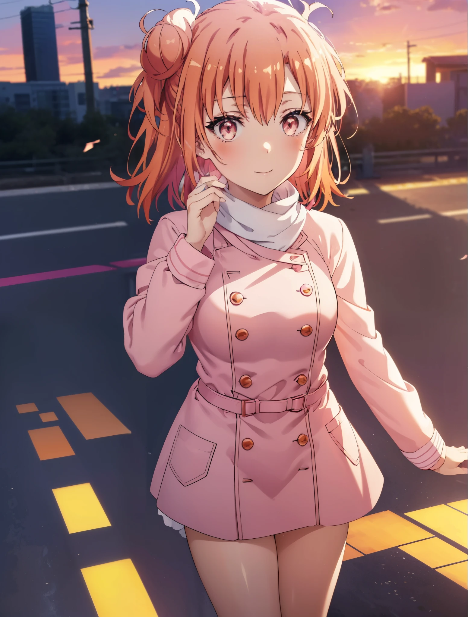 yuiyuigahama, yui yuigahama, long hair, (pink eyes:1.5), (orange hair:1.2), bun hair, single bun hair,blush, smile, (big breasts:1.2),red muffler,Pink long coat　Open the button,white sweater,shorts,black knee high socks,short boots,evening,sunset,
break outdoors,city,building street,
break looking at viewer,whole body,peek from above, (cowboy shot:1.5),
break (masterpiece:1.2), highest quality, High resolution, unity 8k wallpaper, (shape:0.8), (beautiful and detailed eyes:1.6), highly detailed face, perfect lighting, Very detailed CG, (perfect hands, perfect anatomy),