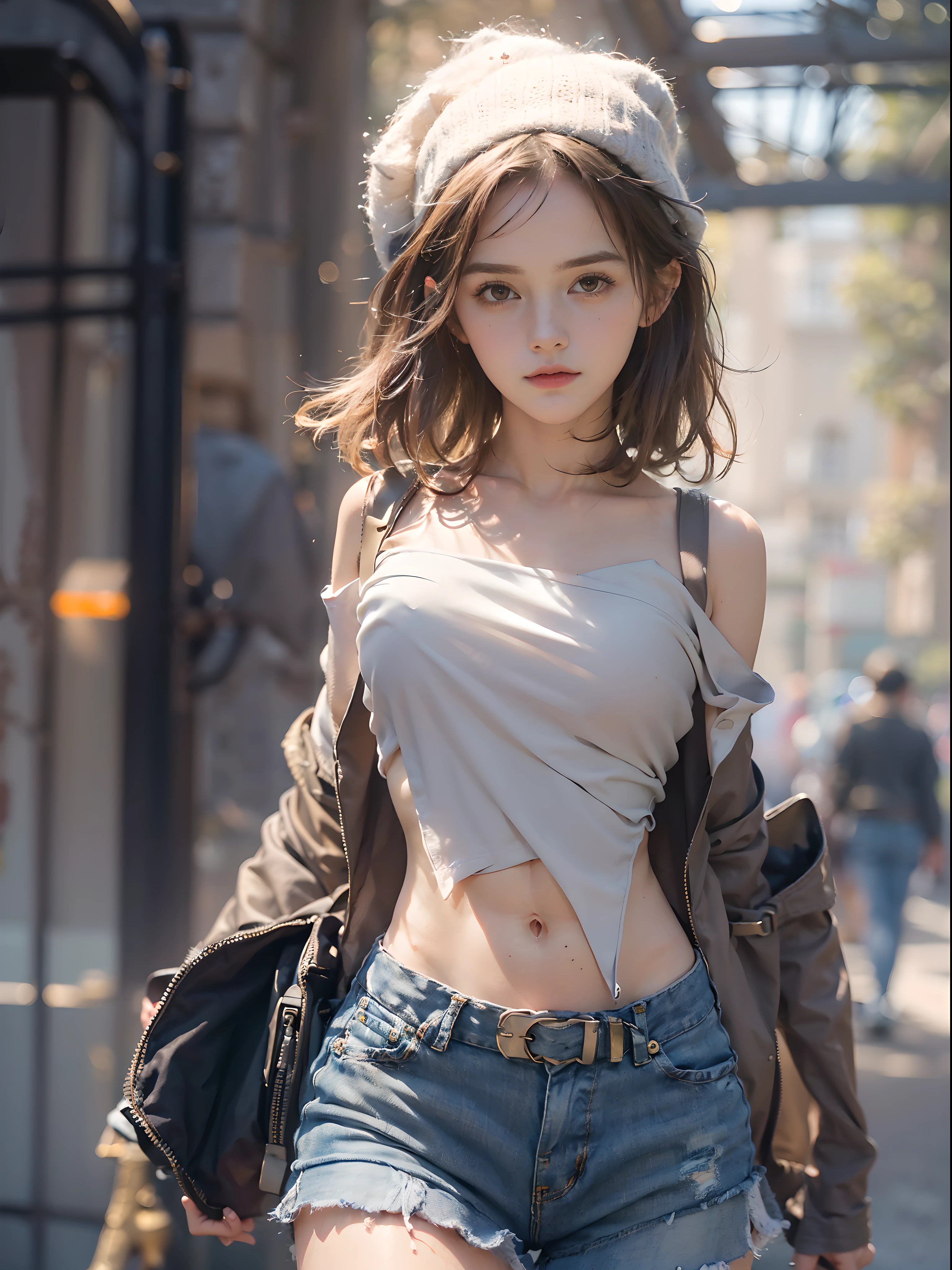 ((Small underhoulder length straight short hair: 1.2), （Extremely meticulous CG 8k wallpaper），（Extremely refined and beautiful），（Masterpiece）,((sharp_focus)),（best qualtiy：1.0），（Ultra High Resolution：1.0），beautiful light up，Perfect lightning，realistic shaded，[A high resolution]，Smooth and flawless fair skin，Extremely exquisite facial details，（perfect body：1.1），ultra - detailed，A beautiful girl，small head，(Small breasts:1.1)，Flat chests，slim，thin，Bandeau，（Light blue denim short skirt:1.1）,camel toe,(Black military boots:1.1)，early autumn，Dusk, sunset light，Standing at the school gate，Close Shot，Surrounded by a crowded crowd, (Emma_watson), full_body, 19 years old, tall, (smooth_abs:1.55), pretty, (long_skinny_legs), (skinny_waist), (((fair skin))), white skin, yellow/pink shorts, chestnut brown hair, looking at viewer, glasses, white knit hat, (sharp_focus:1.5)((Small underhoulder length straight short hair: 1.2), （Extremely meticulous CG 8k wallpaper），（Extremely refined and beautiful），（Masterpiece）,((sharp_focus)),（best qualtiy：1.0），（Ultra High Resolution：1.0），beautiful light up，Perfect lightning，realistic shaded，[A high resolution]，Smooth and flawless fair skin，Extremely exquisite facial details，（perfect body：1.1），ultra - detailed，A beautiful girl，small head，(Small breasts:1.1)，Flat chests，slim，thin，Bandeau，（Light blue denim short skirt:1.1）,camel toe,(Black military boots:1.1)，early autumn，Dusk, sunset light，Standing at the school gate，Close Shot，Surrounded by a crowded crowd, (Emma_watson), full_body, 19 years old, tall, (smooth_abs:1.55), pretty, (long_skinny_legs), (skinny_waist), (((fair skin))), white skin, yellow/pink shorts, chestnut brown hair, looking at viewer, glasses, white knit hat, (sharp_focus:1.5)