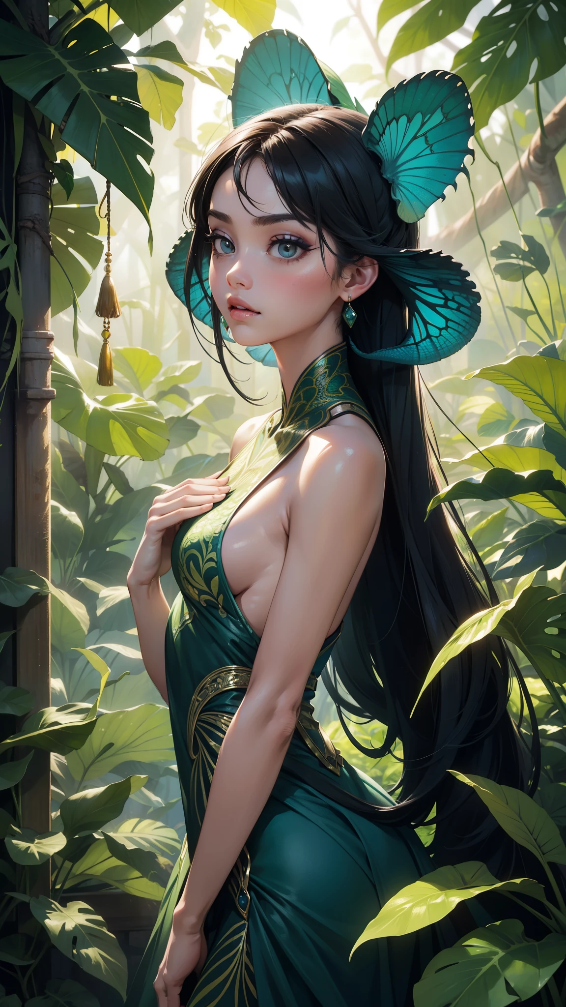 A gracefully posing girl with chameleon-inspired makeup artfully merges into the richly textured lush jungles of Borneo, displaying her remarkable skill to adapt to her surroundings. The image, resembling a museum-quality masterpiece, comes alive with vivid colors and intricate detail. Every minute detail is meticulously brought to life, from the girl's mesmerizing chameleon-like skin, which flawlessly blends with the diverse array of foliage, to her slender, yet agile limbs, poised effortlessly on a tree branch.

The captivating photographic composition exudes a profound sense of awe and wonder,