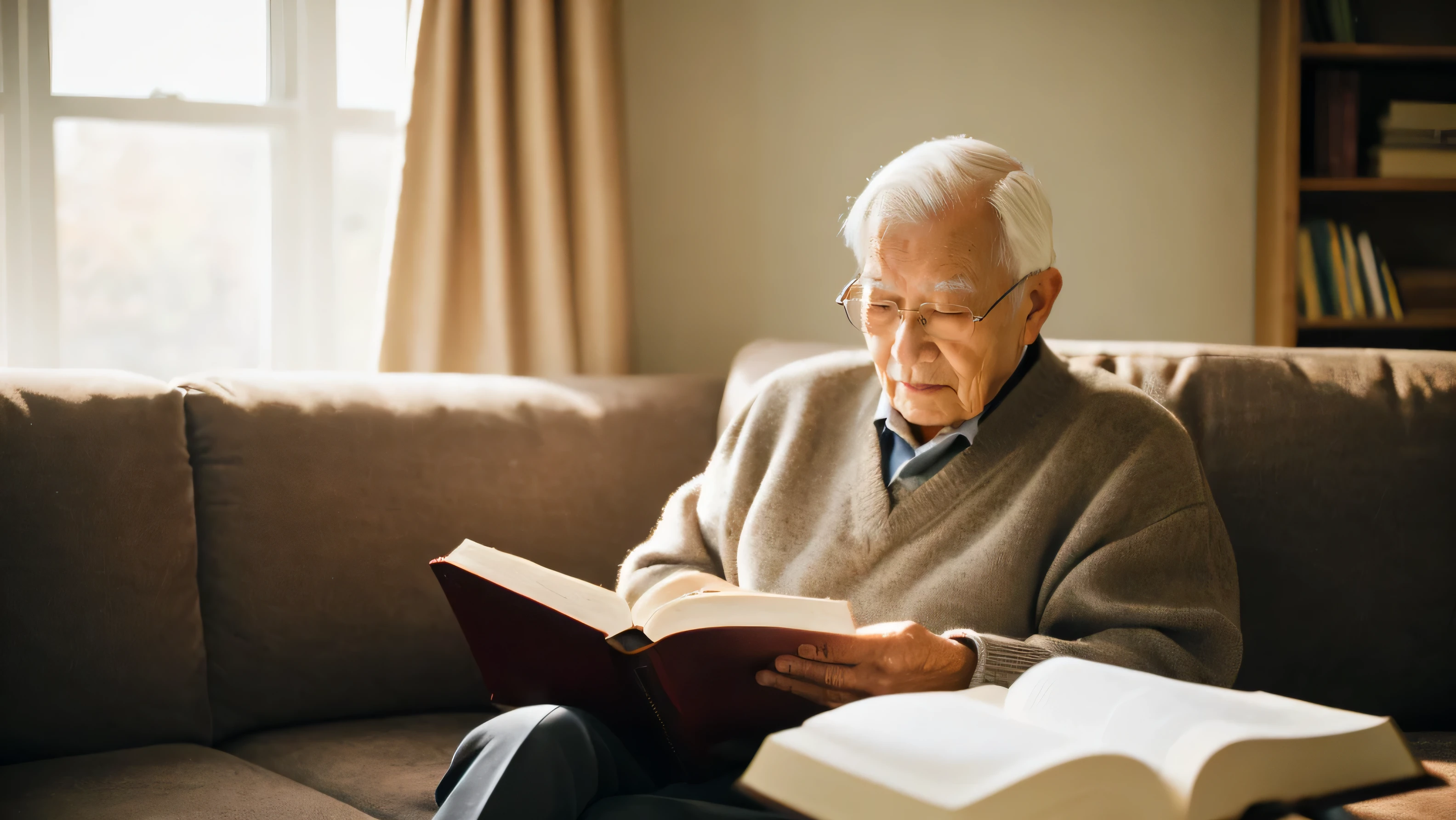 Elderly man reading the Bible on the sofa、Study room with a calm atmosphere、warm light、sofa、High resolution