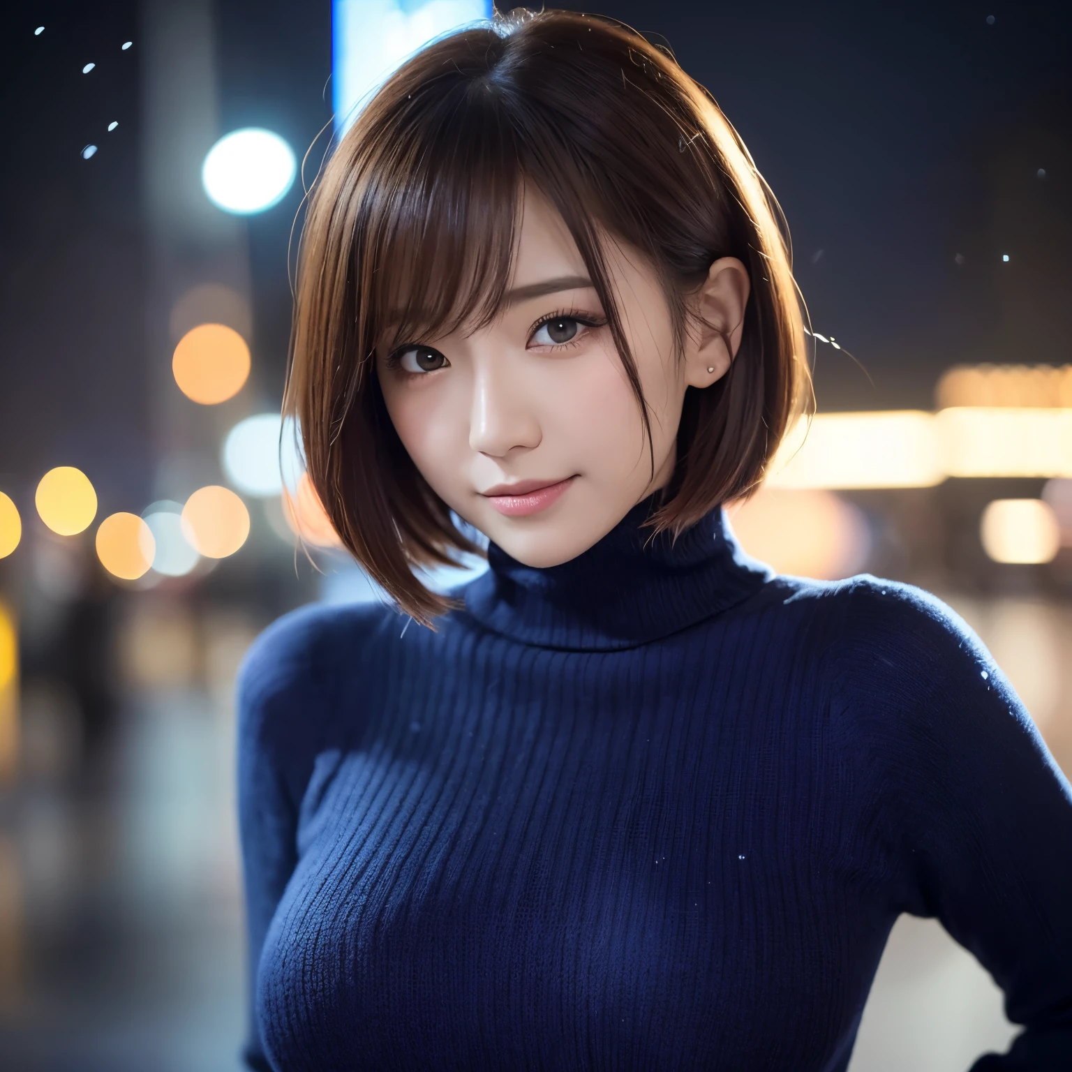 (highest quality、table top、8K、best image quality、Award-winning work、ultra high resolution)、1 girl、(Red turtleneck knit:1.3)、(short hair:1.1)、epic movie lighting、very moody and romantic lighting、that&#39;It&#39;s snowing、Shinjuku at night、Glittering night view、blurry night view、perfect anatomy、(very big breasts:1.1)、(emphasize a large bust line:1.1)、(very big breasts:1.1)、slender body, look at me and smile、perfect makeup、long eyelashes、ultra high resolutionの煌めく瞳、ultra high resolutionの髪の毛、ultra high resolutionの艶のある唇、ultra high resolutionの美しい歯、ultra high resolutionの可愛い顔、blurred background、Premonition of romantic love、(close up of face:1.5)、(look at me and smile:1.1)