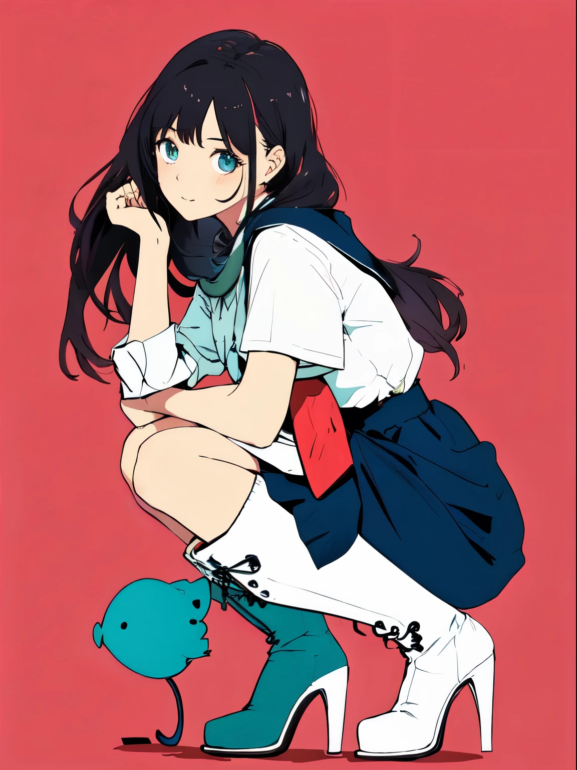 (superflat, flat shading, flat colors), 1girl,petite, loli, school uniform, (children's print panties), squatting, sneakers, geometric background, smile, fun, vibrant colors, watercolor