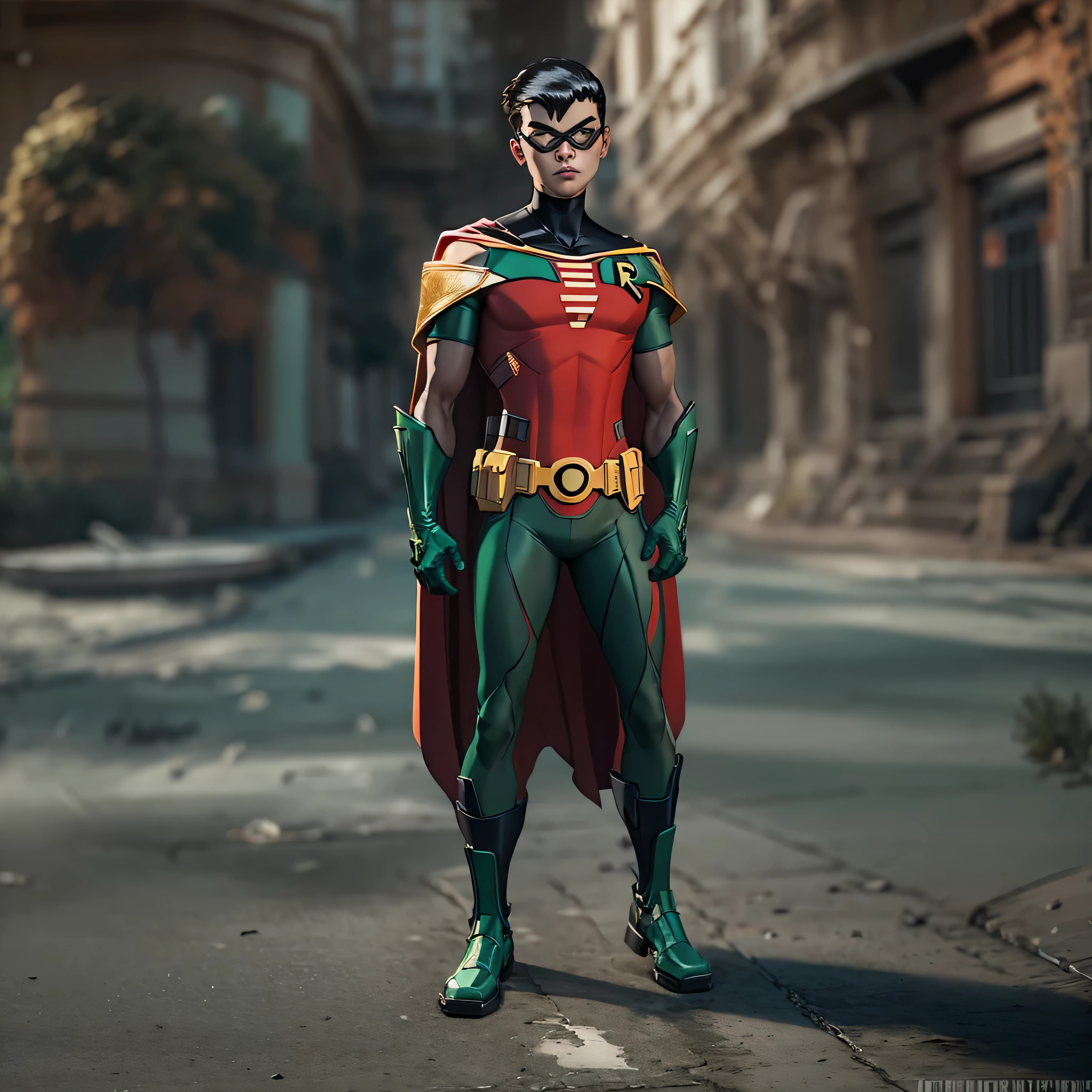 Robin from teen titans, superhero style, photo-realistic, octane render, unreal engine, ultra-realistic