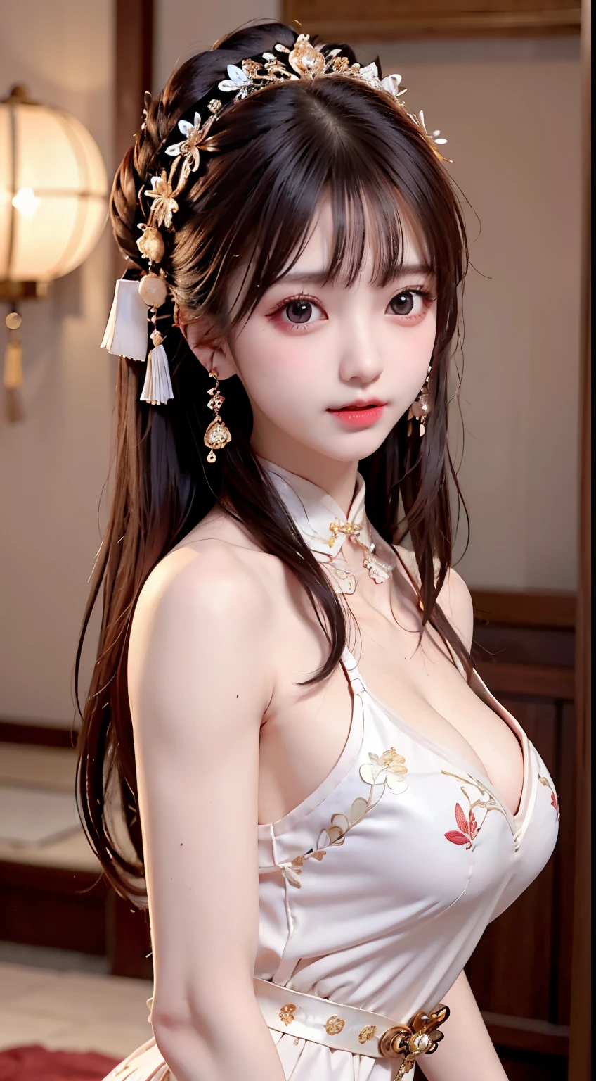 ,Ancient costumes with many phoenix motifs,Flawless white and pink face,Ornaments on the head,Black hair waist-length,very beautiful and sharp brown eyes,Small red lips,Colored lips,Enchanted smile,Jewelry worn around the neck,耳Nipple Ring,White uniform teeth,tall nose bridge,big round breasts, slenderlegs,thin mesh black socks,sportrait,most realistic,HighestQuali,best pixels,8K Ultra,high detal,8K分辨率,超高分辨率,A young girl, a cute girl,short detailed hair,hair-bun,lipsticks,Tassel earrings,choker necklace,Black clear eyes,Smooth hair,鎖骨,Delicate and perfect facial features, the most beautiful big eyes,Long eyelashes,The eyes are sweet and there are lying silkworms,dynamic angle,extreme picture quality,Highest precision,Precise and perfect human anatomy,(((Professional Dress,Slim Republic of China cheongsam,Crimson gold embroidery))),((sitted)),Warm scene,超高分辨率,Ultra-clear Chinese antique style black flowing hair with a delicate bun)By bangs,(Long flowing hair,With a bun:1.3)), open V-chested clothes royal, Wet body of thin silk fabric, Thin silk lace dress, (huge ,cleavage),, white pink, blue ,best qualtiy,tmasterpiece,超高分辨率,(真实感:1.4),RAW photogr,(True skin texture:1.3),(filmgrain:1.3),(Selfie angle),1个Giant Breast Girl,Beautiful eye and face details,tmasterpiece,Best quality at best,,The chest more exposed, detailed hair, bra pink , detail 8k, upper body,,Delicate collarbones,beautiful make up,Exquisite and perfect facial features,,Big watery eyes,Lying silkworm,Long eyelashes,The eyes are sweet and have eye shadow,Slim waist,Do not show your hands,,lipsticks,Blushlush,Delicate earring earrings