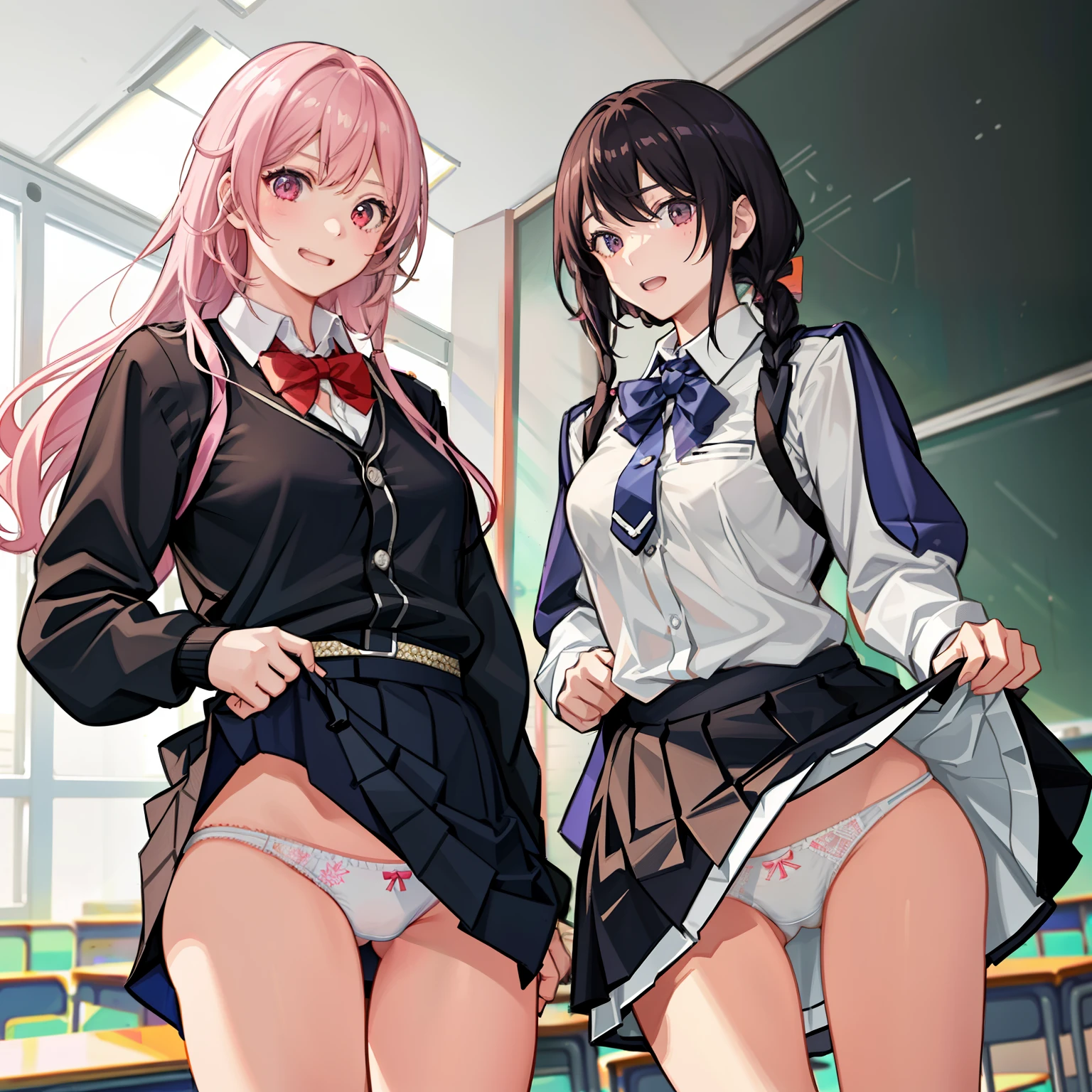 ((2 girls))、laughter、shirt、のskirt、、((fun!))(small breasts)、chiralism、hair、()、(黒いskirt:1.3)、bow, button, 襟の付いたshirt, long sleeve, マイクロskirt, プリーツskirt、(Jacket)、 skirt, socks, thighs, 白い shirt, ((classroom:1.5)),(skirtを掴む:1.5)、 (perfect hands, perfect anatomy),cowboy shot、(skirt lift:1.3),(highly detailed white panties:1.3)、(Very detailed panties:1.3)、、(skirt that rolls up:1.3)、(fully exposed panties:1.5)、