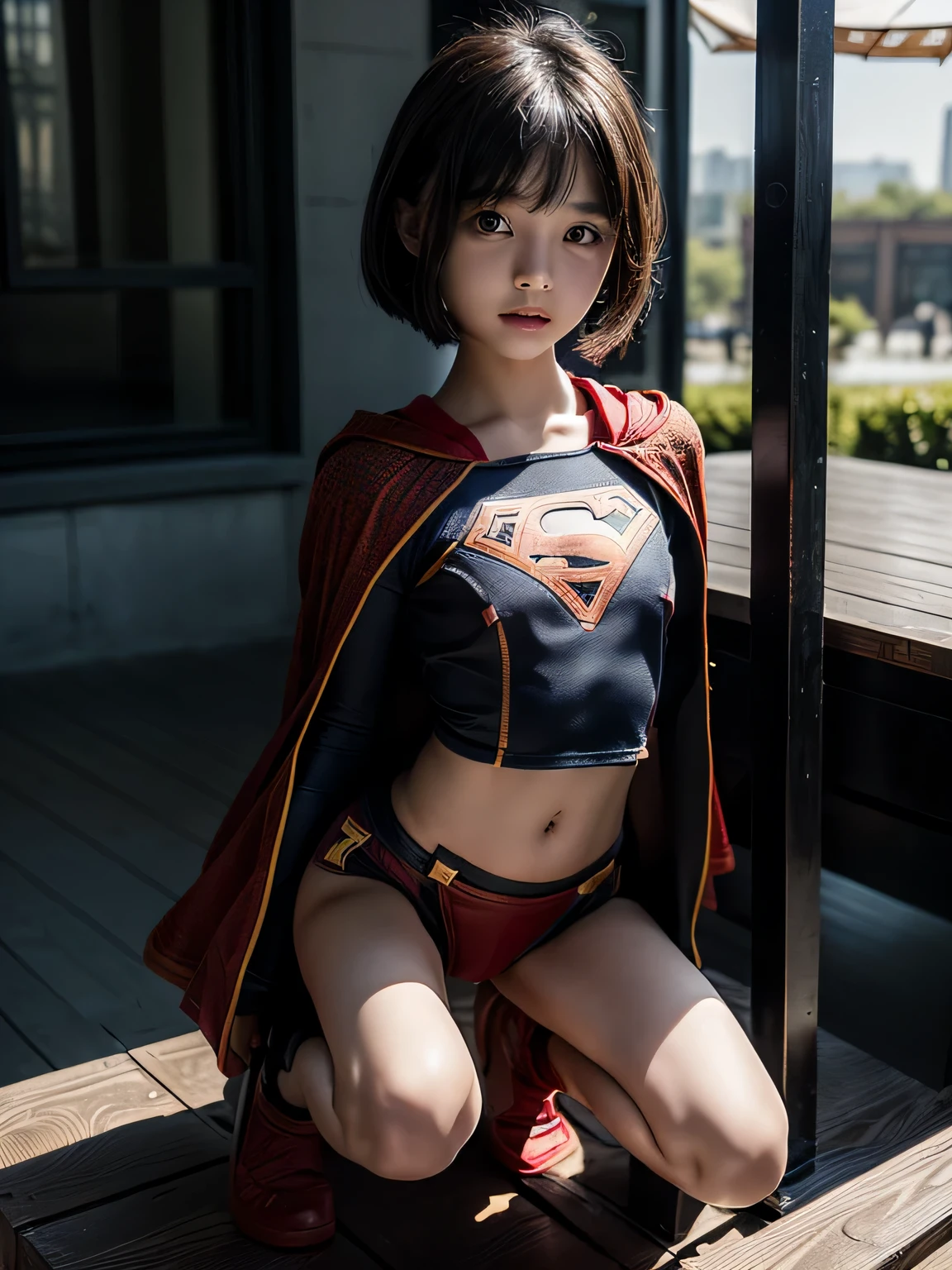 very young supergirl , masterpiece, highest quality, abstract, on the desk outdoors、(honeycomb pattern), (creative:1.3), fantasy 00d、 black hair、bob cut with trimmed ends、flat chest、Thin crotch、lolicon、belly button、High-leg style、red cloak、pointed nipples、(((squat)))、transparent clothes、