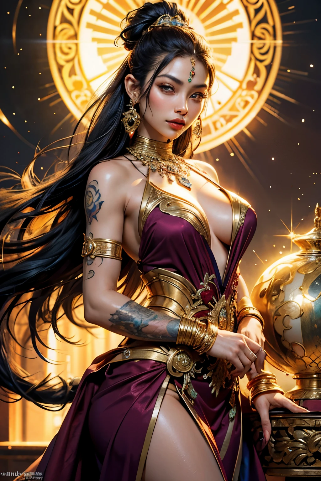 (Ultra High Definition, 16k), Long-angle shot, Stunningly beautiful female robot with distinctive tattoos adorning her face and chiseled muscles, Radiating confidence as she grips a gleaming sword, dons luxurious, vibrant Javanese traditional clothes, Intricately woven with gold embroidery that shimmers and gleams, Exquisite necklace adorned with precious gems, Epicenter of attention is the bold, red pendant dangling in the middle, Brimming with a combination of breathtaking blue, fiery red, majestic gold, and exotic purple hues, Gold embroidery intricately emb