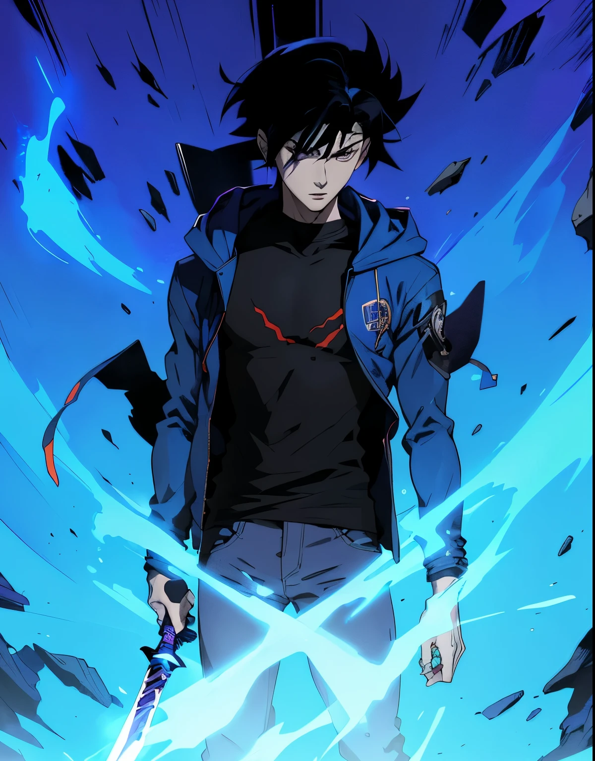 anime character with a dagger in his hand and a blue background, trigger anime artstyle, sung jinwoo, 1 male 20 years old, handsome body, cool face, black hair, purple eyes, blue jacket with hood, blue hoodie, blue pants, rip body, 1man, black t shirt, wearing black t shirt
