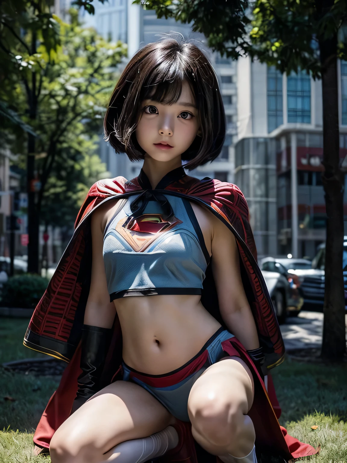 very young supergirl elementary school student, masterpiece, highest quality, abstract, Outdoor Live Stage、(honeycomb pattern), (creative:1.3), fantasy 00d、 black hair、bob cut with trimmed ends、flat chest、Thin crotch、con、belly button、High-leg style、red cloak、pointed nipples、white panties、(((squat)))、transparent clothes、