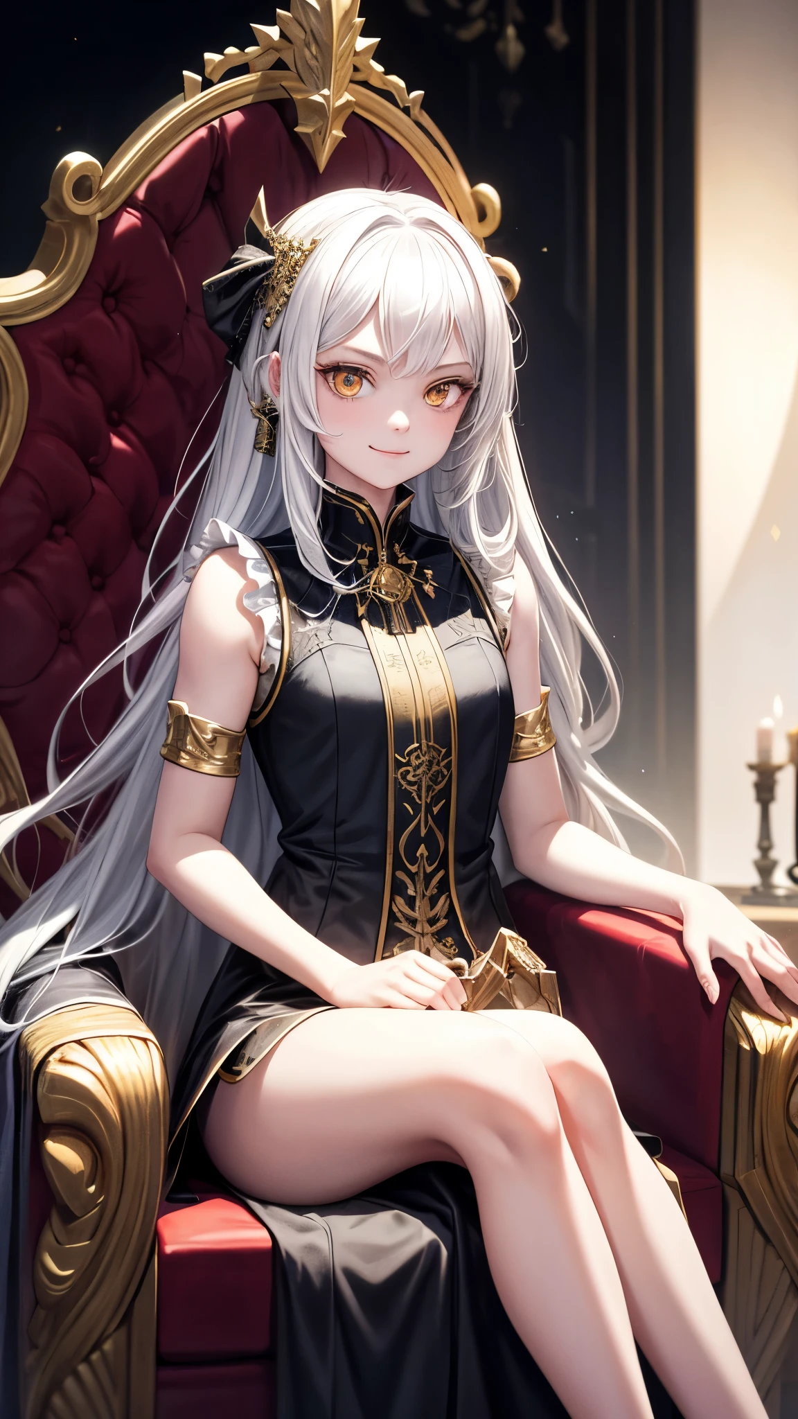 A girl was sitting on a throne, her appearance had long white hair, and golden eyes. The girl smiled sadistically at the screen,The girl was wearing a sleeveless and shoulderless dress. (Masterpiece), (Highquality), (Very detailed), (Perfect picture)