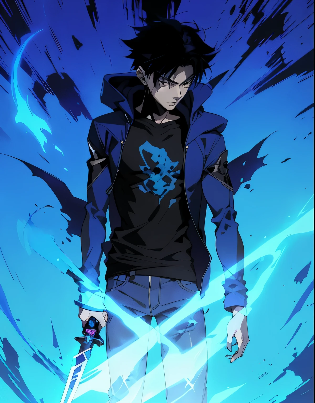 anime character with a dagger in his hand and a blue background, trigger anime artstyle, sung jinwoo, 1 male 20 years old, handsome body, cool face, black hair, purple eyes, blue jacket with hood, blue hoodie, blue pants, rip body, 1man, black t shirt, wearing black t shirt