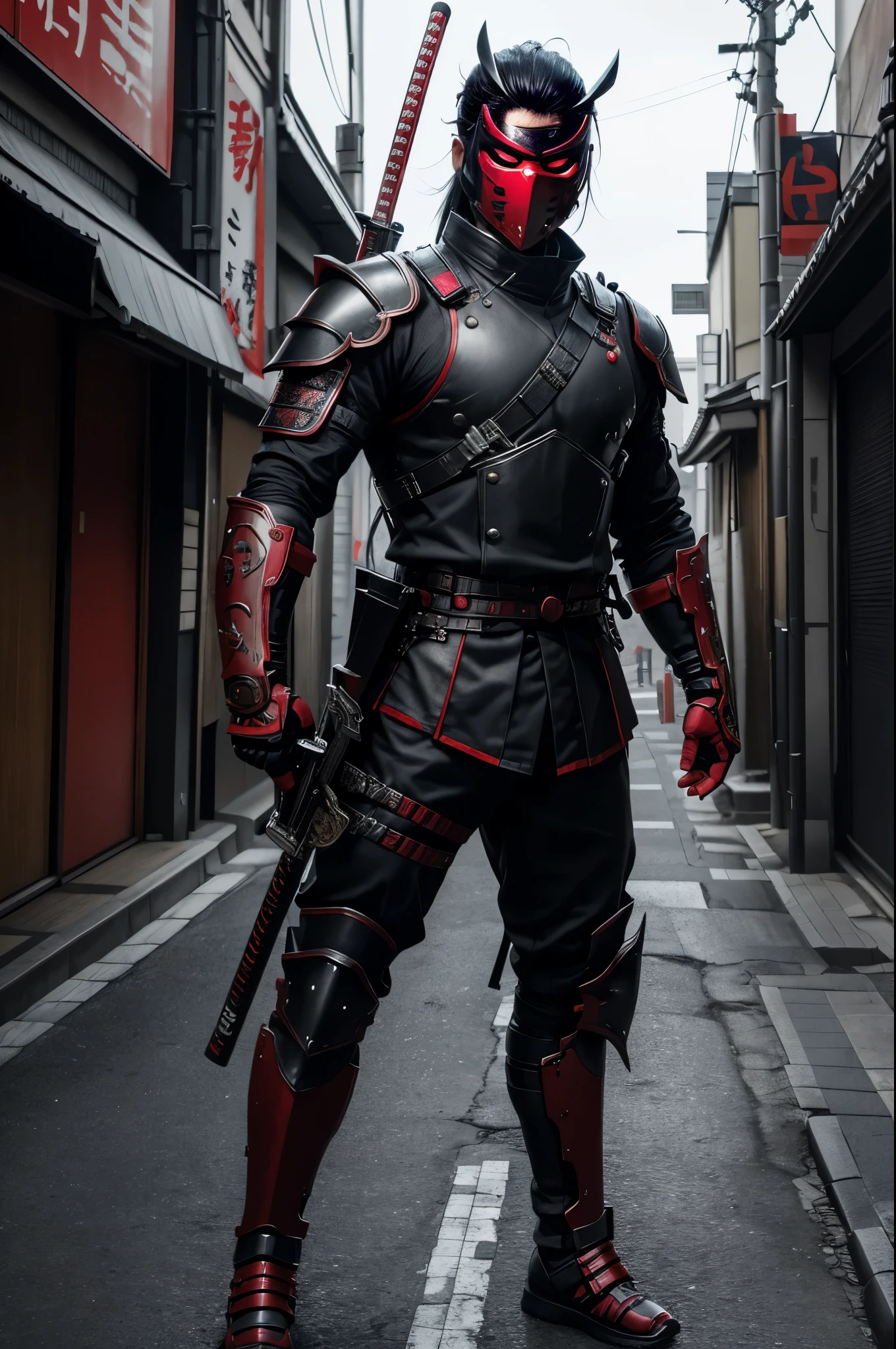 (highres,realistic)urban samurai:1.35,Wearing a Demon Mask,full body,Armed with a long and large Japanese sword,facing front,red and black sci-fi military cloth armor:1.5,modern Tokyo city background,detailed eyes and face,long eyelashes,vivid colors,dark moody lighting