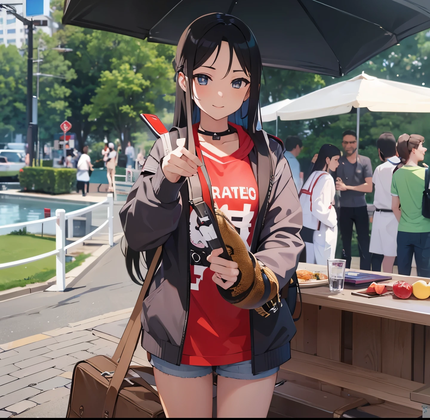 Anime girl holding a snake. Black long hair