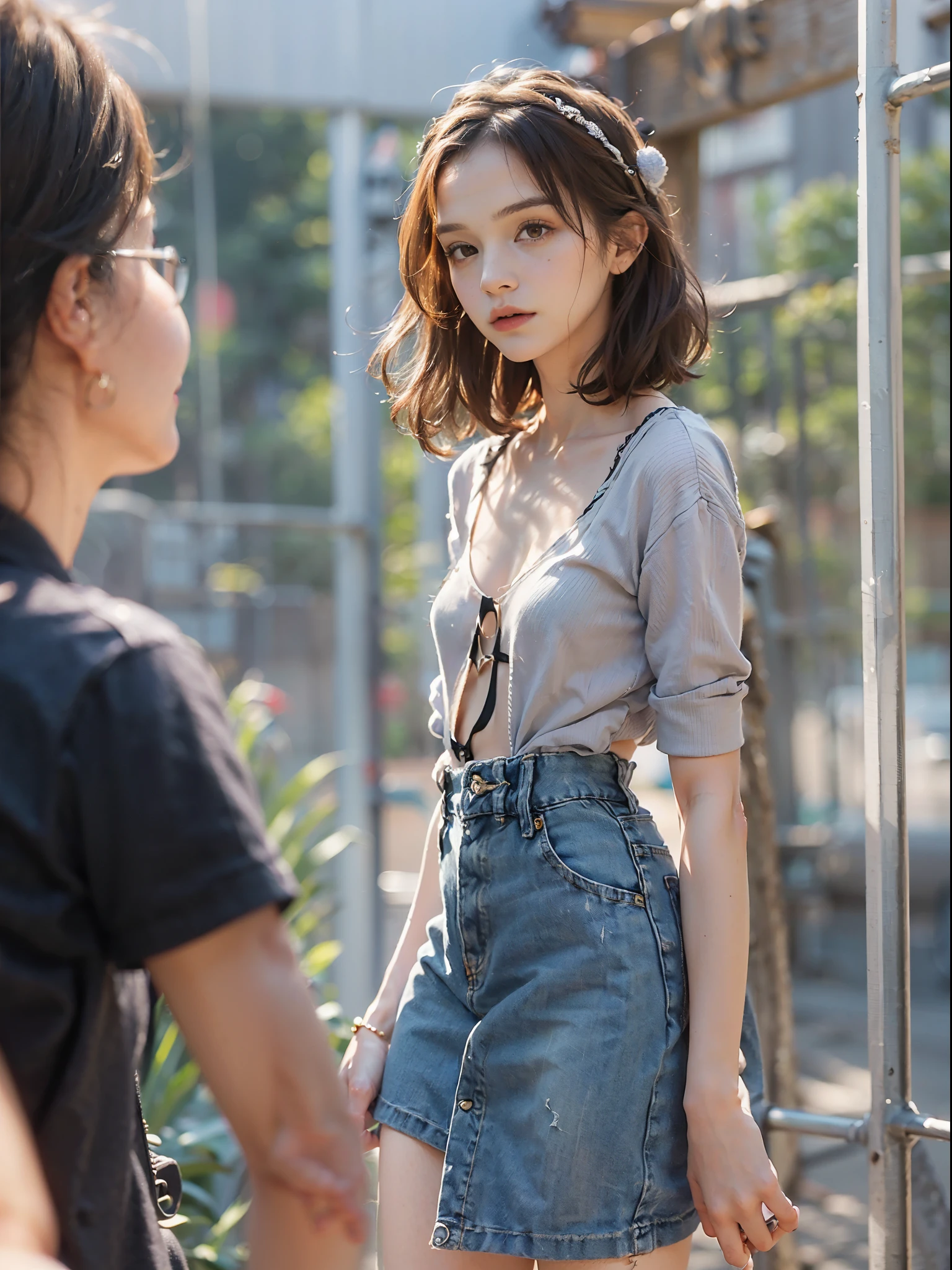 ((Small underhoulder length straight short hair: 1.2), （Extremely meticulous CG 8k wallpaper），（Extremely refined and beautiful），（Masterpiece）,((sharp_focus)),（best qualtiy：1.0），（Ultra High Resolution：1.0），beautiful light up，Perfect lightning，realistic shaded，[A high resolution]，Smooth and flawless fair skin，Extremely exquisite facial details，（perfect body：1.1），ultra - detailed，A beautiful girl，small head，(Small breasts:1.1)，Flat chests，slim，thin，Bandeau，（Light blue denim short skirt:1.1）,camel toe,(Black military boots:1.1)，early autumn，Dusk, sunset light，Standing at the school gate，Close Shot，Surrounded by a crowded crowd, (Emma_watson), full_body, 19 years old, tall, (smooth_abs:1.55), pretty, (long_skinny_legs), (skinny_waist), (((fair skin))), white skin, yellow/pink shorts, chestnut brown hair, looking at viewer, glasses, white knit hat, (sharp_focus:1.5)((Small underhoulder length straight short hair: 1.2), （Extremely meticulous CG 8k wallpaper），（Extremely refined and beautiful），（Masterpiece）,((sharp_focus)),（best qualtiy：1.0），（Ultra High Resolution：1.0），beautiful light up，Perfect lightning，realistic shaded，[A high resolution]，Smooth and flawless fair skin，Extremely exquisite facial details，（perfect body：1.1），ultra - detailed，A beautiful girl，small head，(Small breasts:1.1)，Flat chests，slim，thin，Bandeau，（Light blue denim short skirt:1.1）,camel toe,(Black military boots:1.1)，early autumn, Standing at the school gate，Close Shot，Surrounded by a crowded crowd, (Emma_watson), full_body, 19 years old, tall, (smooth_abs:1.55), pretty, (long_skinny_legs), (skinny_waist), (((fair skin))), white skin, yellow/pink shorts, chestnut brown hair, looking at viewer, glasses, white knit hat, (sharp_focus:1.5)