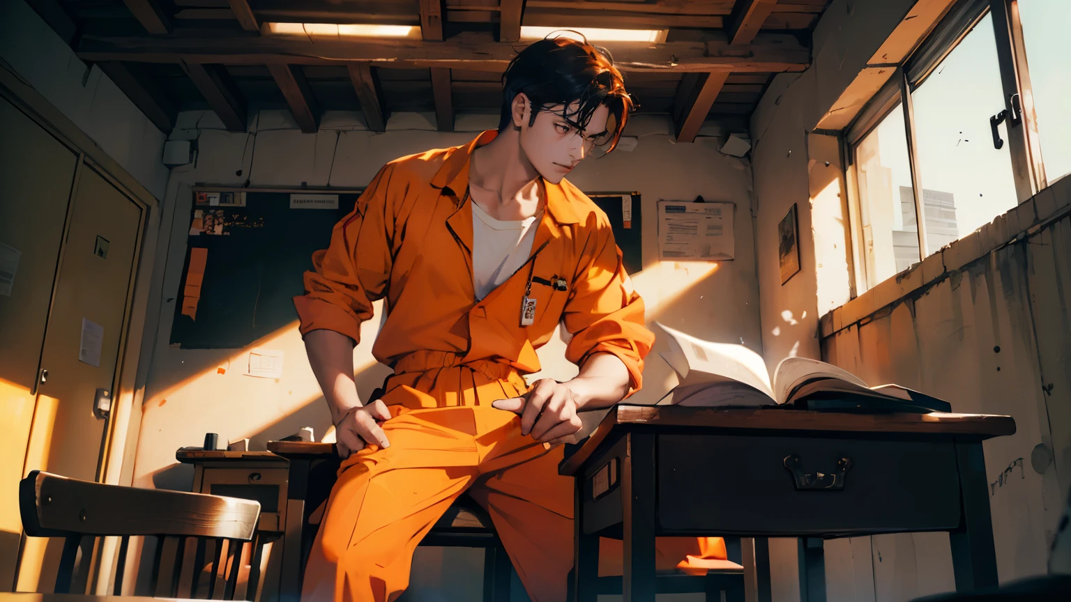 (a prisoner),(a prisoner:1.1),(a prisoner dressed in orange),(a prisoner dressed in orange:1.1),(a prisoner dressed in orange sitting),(a prisoner dressed in orange sitting:1.1),(a prisoner dressed in orange sitting at a school desk),(a prisoner dressed in orange sitting at a school desk:1.1),(a prisoner dressed in orange sitting at a school desk with a sad expression),(a prisoner dressed in orange sitting at a school desk with a sad expression:1.1),(a prisoner dressed in orange sitting at a school desk with a sad expression),medium:oil painting,(high quality,4k,masterpiece:1.2),ultra-detailed,realistic:1.37,professional,vivid colors,studio lighting,lens flare,lush green surroundings,bright sunlight,old wooden school desk,scratches on the desk surface,crumpled papers on the floor,prisoner's hands in handcuffs,heavy chain attached to the desk,orange jumpsuit with prisoner number,eyes looking down,head slightly tilted,quiet and solemn atmosphere