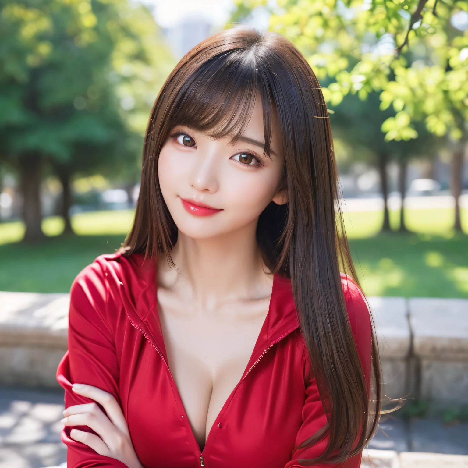 (highest quality、table top、8K、best image quality、Award-winning work)、one beautiful woman、Shining beautiful skin、(The most stylish red long sleeve tracksuit:1.2)、(トラックスーツのジッパーを開けてcleavageを見せます:1.3)、(The most natural and perfect red long sleeve tracksuit:1.2)、Shining ultra-high definition skin、(accurate anatomy:1.2)、A gentle smile looking at me、(cleavage:1.1)、(close up of face:1.2)、stand gracefully、(Blurry park background:1.2)、portrait photography、(draw softly and smoothly:1.1)、(very bright and vivid:1.1)、very romantic、光を受けてShining beautiful skin、(very bright and refreshing:1.1)、(the most detailed and perfect face:1.1)、(most detailed glowing eyes:1.1)、(beautiful and moisturized skin:1.1)、(1 person:1.1)、Super high-resolution glossy and moisturized face、Super high-resolution glowing skin、most detailed face、Ultra high resolution detailed faces、ultra high resolution hair、Super high resolution sparkling eyes、Beautiful face drawn in every detail、Super high resolution glossy red lips