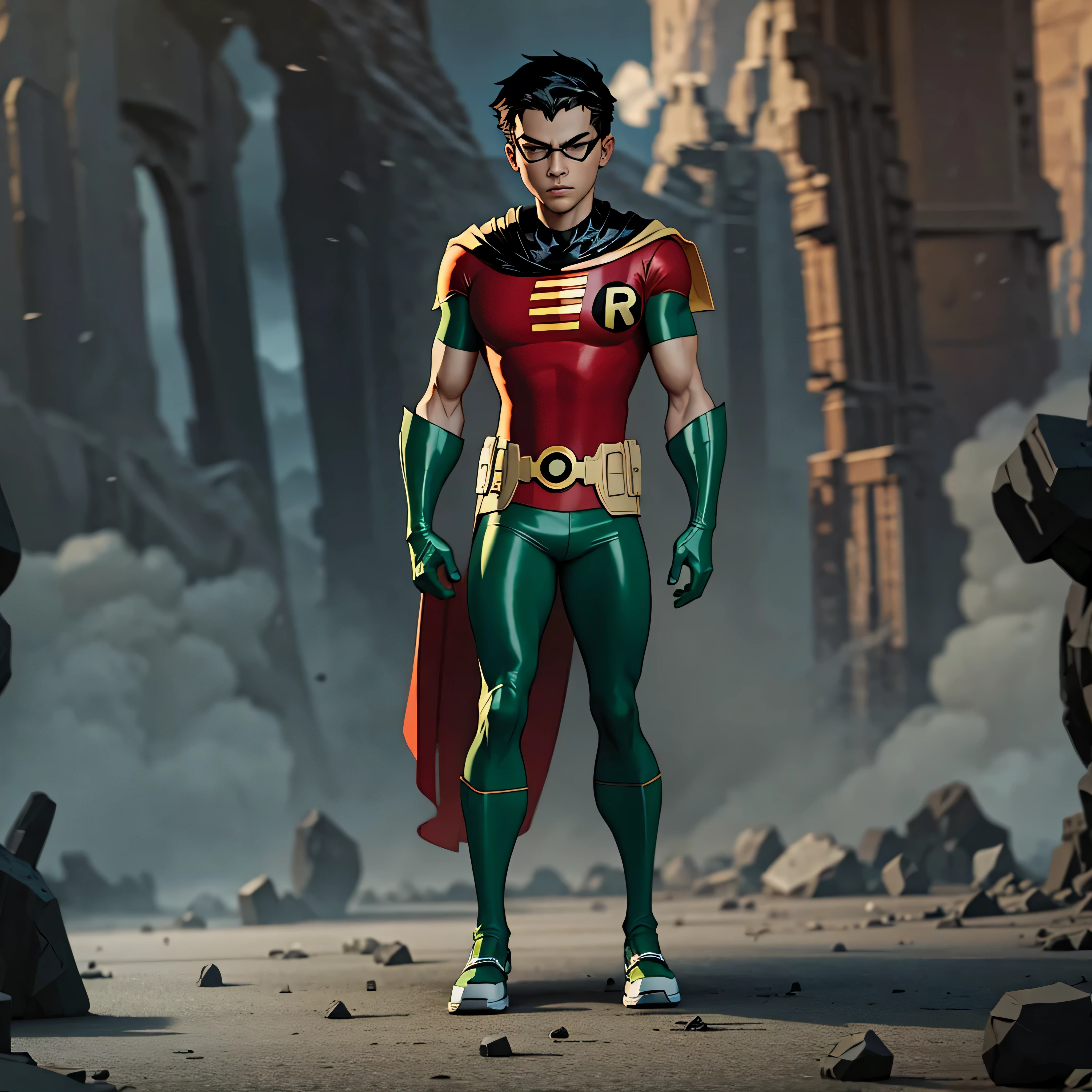 Robin from teen titans, superhero style, photo-realistic, octane render, unreal engine, ultra-realistic