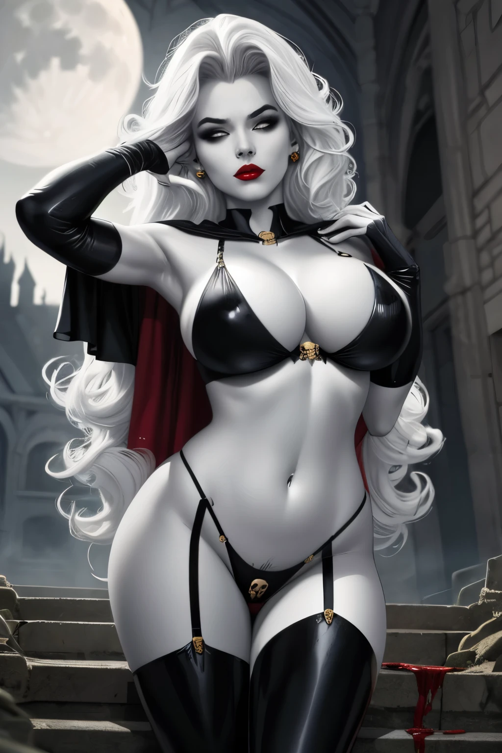 foreshortening, CARTOON_lady_death_bikini_ownwaifu,.ownwaifu.com, angry,
mascara, blank_eyes,long hair,breasts,white hair,makeup,colored skin,navel,lipstick,large breasts,wavy hair,white skin,lips,curly hair,red lips,very long hair,toned, narrow_waist, curvy,pale skin, thick_eyelashes, thick eyebrows, big hair,
thighhighs,cape,cleavage,jewelry,earrings,garter straps,garter belt,gloves,piercing,red cape,blood,elbow gloves,armor,black legwear,collar,thong,black bikini,skull earrings, highleg,
official art,extremely detailed CG unity 8k wallpaper, perfect lighting,Colorful, Bright_Front_face_Lighting,shiny skin, (masterpiece:1.0),(best_quality:1.0), ultra high res,4K,ultra-detailed, photography, 8K, HDR, highres, (absurdres:1.2), Kodak portra 400, film grain, blurry background, (bokeh:1.2), lens flare, (vibrant_color:1.2),professional photograph, (beautiful_face:1.5) graveyard at night, cemetary, full moon, sexy