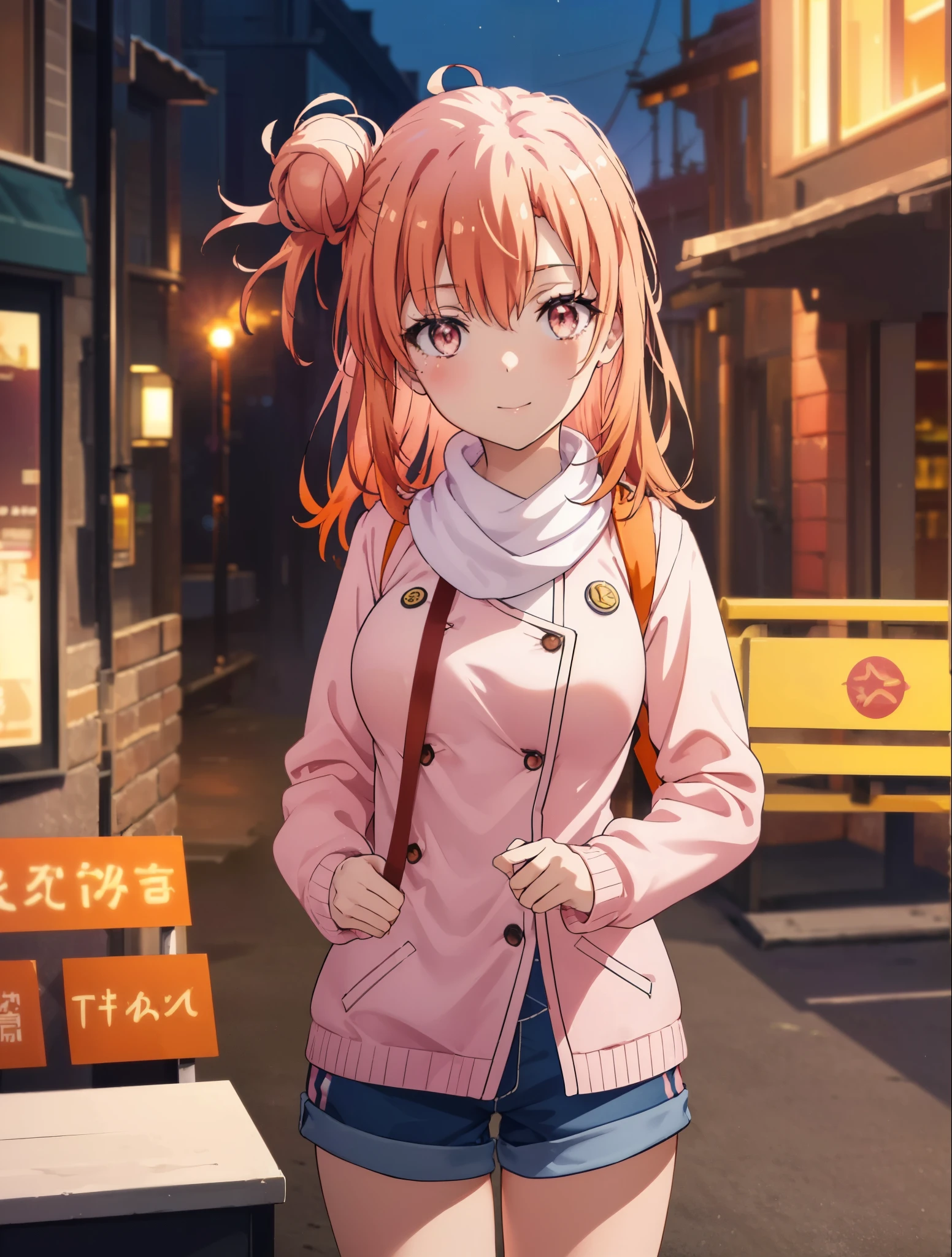 yuiyuigahama, yui yuigahama, long hair, (pink eyes:1.5), (orange hair:1.2), bun hair, single bun hair,blush, smile, (big breasts:1.2),red muffler,Pink long coat　Open the button,white sweater,shorts,black knee high socks,short boots,evening,sunset,
break outdoors,city,building street,
break looking at viewer,whole body,peek from above, (cowboy shot:1.5),
break (masterpiece:1.2), highest quality, High resolution, unity 8k wallpaper, (shape:0.8), (beautiful and detailed eyes:1.6), highly detailed face, perfect lighting, Very detailed CG, (perfect hands, perfect anatomy),