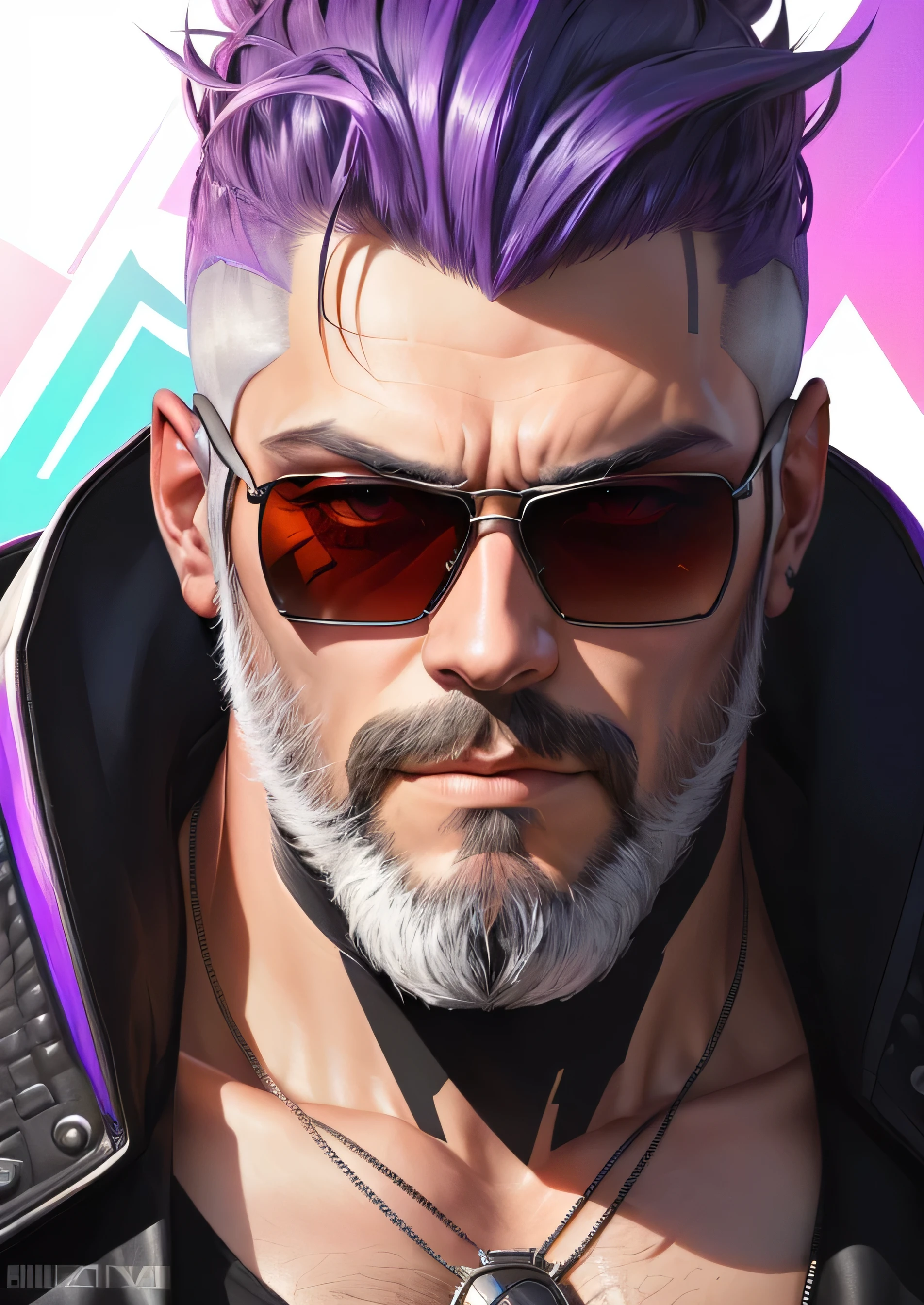 Man with short silver beard and sunglasses, Cyberpunk art, funk art, Stunning gradient colors, Stylized portrait H 704, Pompadour, Twitch streamer, cool colors. insanely detailed, t-800, NO WATERMARK, Rich color, overtaking