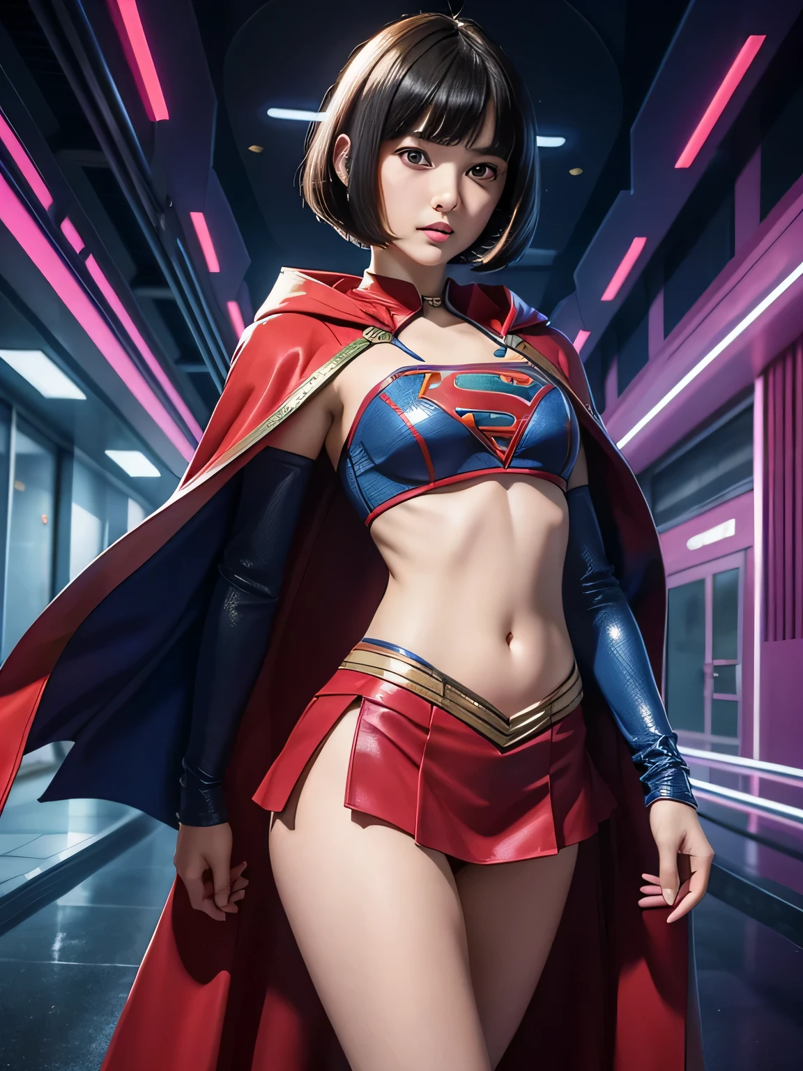 super girl elementary school student, masterpiece, highest quality, abstract, psychedelic, neon, (honeycomb pattern), (creative:1.3), fantasy 00d、 black hair、bob cut with trimmed ends、flat chest、Thin crotch、lolicon、'face、stand on the sidewalk、belly button、High-leg style、red cloak、Swelling of the nipples