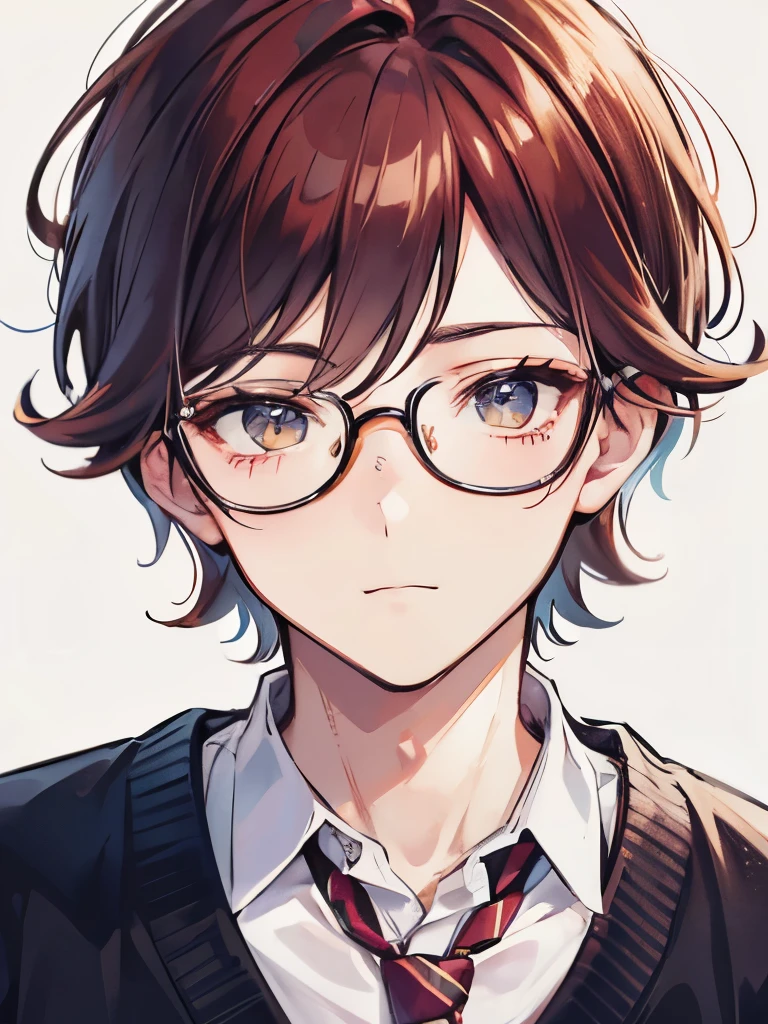 A nerdy male, auburn hair, hazel eyes, face close up, face picture, glasses, nerd boy, freckles, dweeb, geek