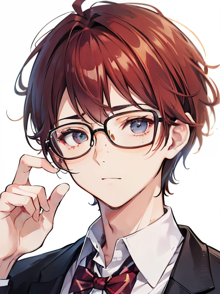 A nerdy male, auburn hair, hazel eyes, face close up, face picture, glasses, nerd boy, freckles, dweeb, geek