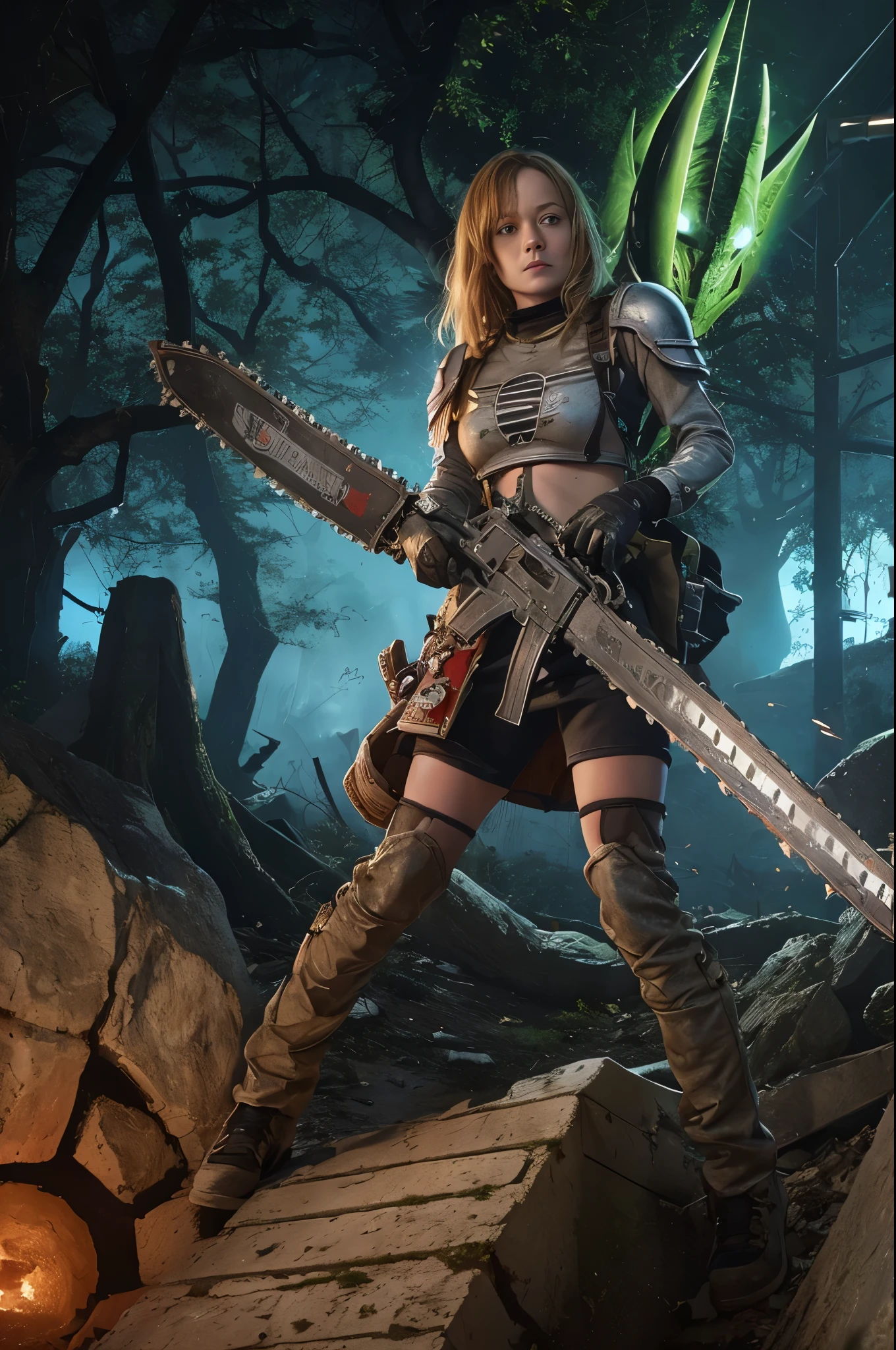 Brie Larson (age 25), is playing a warhammer 40k Sister of Battle, she is wielding a chainsword (chainsaw|sword) battling a Tyranid (alien|bug), horror, action