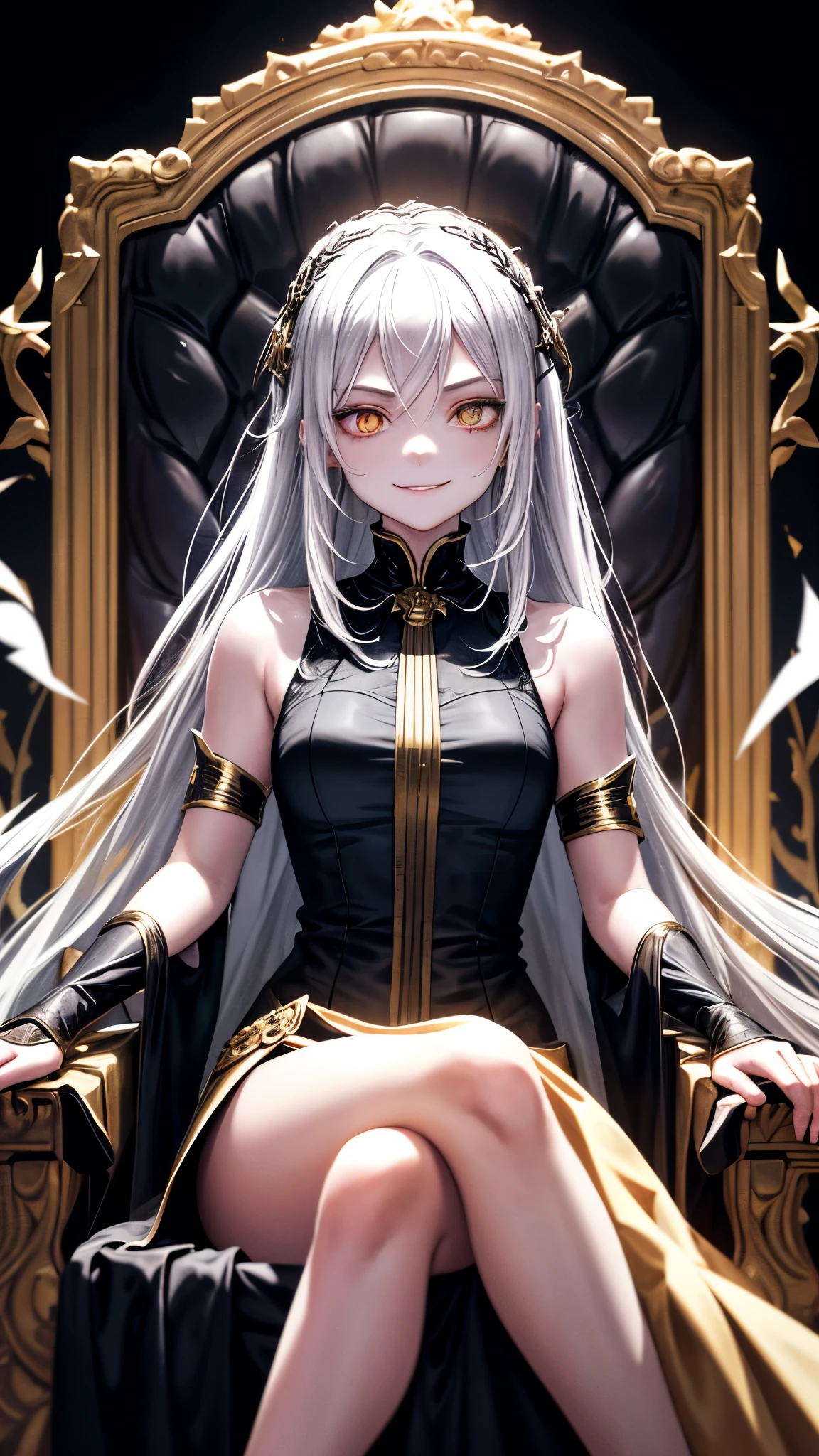 A girl was sitting on a throne, her appearance had long white hair, and golden eyes. The girl smiled sadistically at the screen,The girl was wearing a sleeveless and shoulderless dress. (Masterpiece), (Highquality), (Very detailed), (Perfect picture), (Dark fantasy background) (Ashes scattered), (sadistic smile)